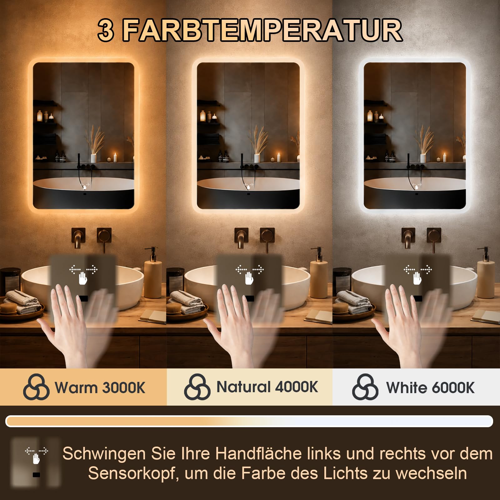 Specchio da parete per bagno, con illuminazione, specchio con luce LED, interruttore a sensore e 3 colori dimmerabili (60 L x 45 B) (60 L x 45 B)
