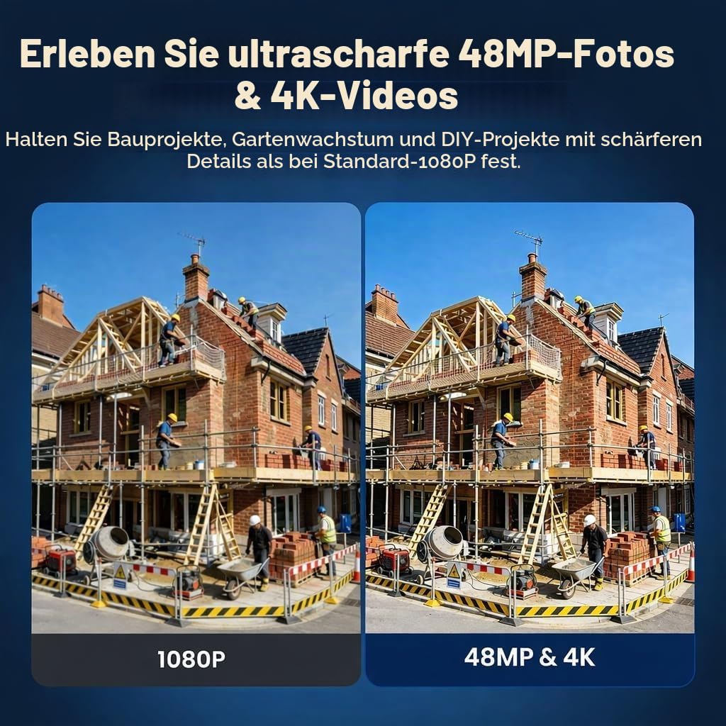 WiFi Zeitraffer Kamera 4K AVI Video, 48MP-Fotos Zeitrafferkamera mit LED-Fülllicht, 180 Tage Aufnahme Wiederaufladbare Time Lapse Kamera für Baustellen, Pflanzen, Gartenarbeit, Kochen (32GB-Karte)
