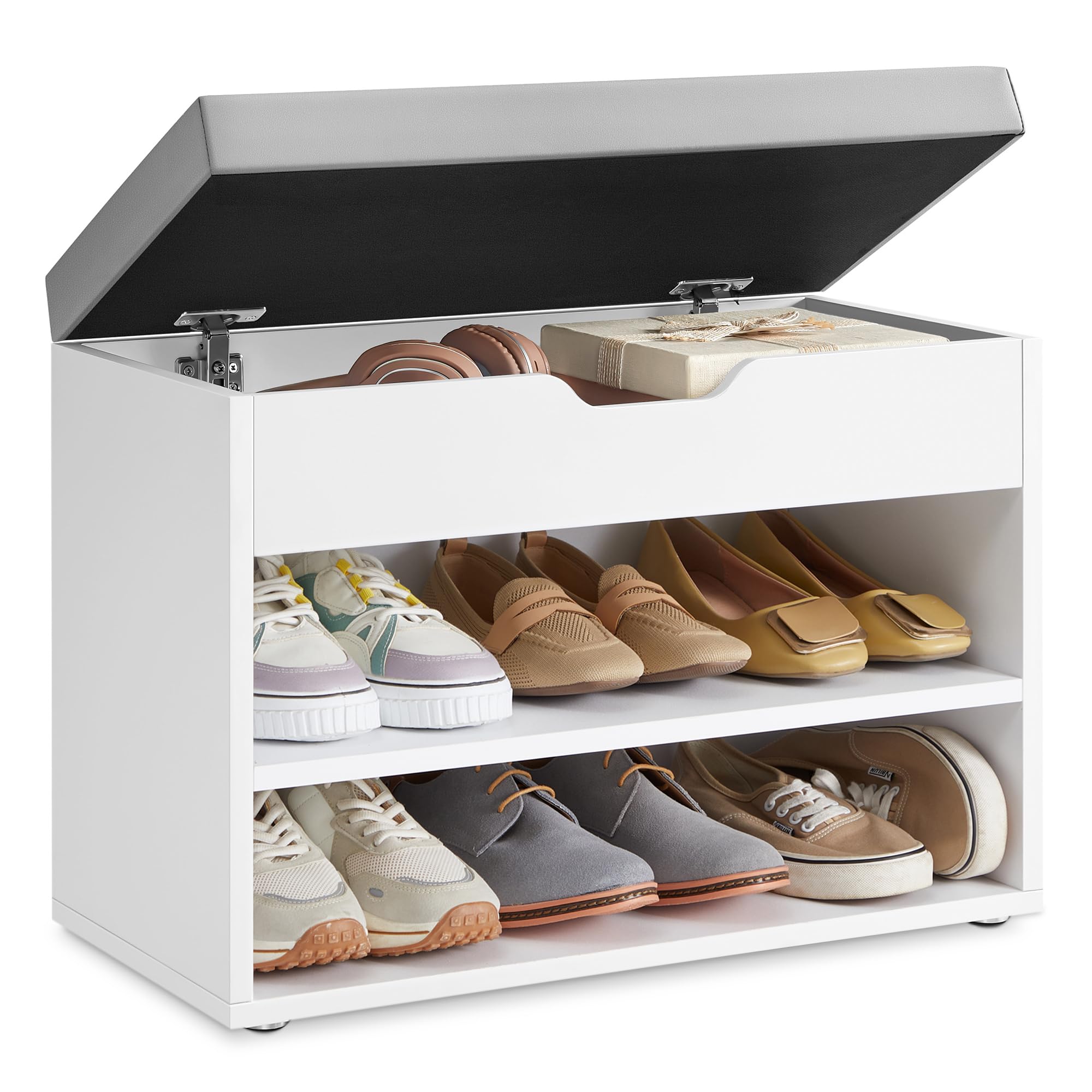 VASAGLE Custos Collection - Banc à Chaussures, Meuble à Chaussures, Siège Rembourré, Banc d’Entrée, Compartiments, pour Entrée, Chambre, Salon, Blanc Nuage et Gris Tourterelle LHS020W01V1