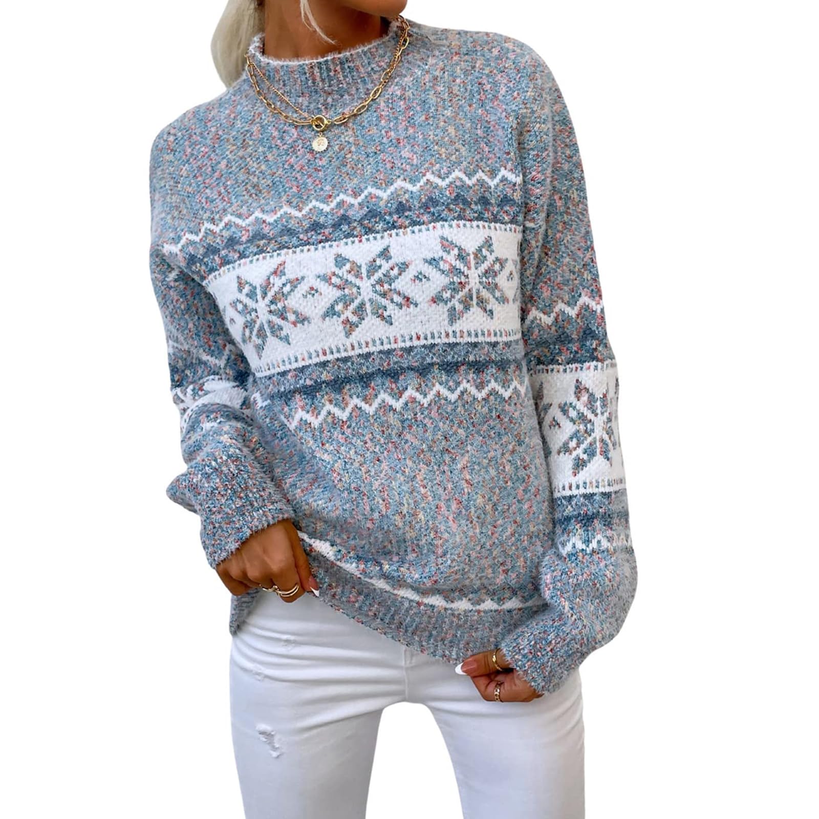 Fair Isle Sweater Women Womens Ugly Christmas Sweater Vintage Knitted Pullover Long Sleeve Crewneck Fairisle Jumper Tops