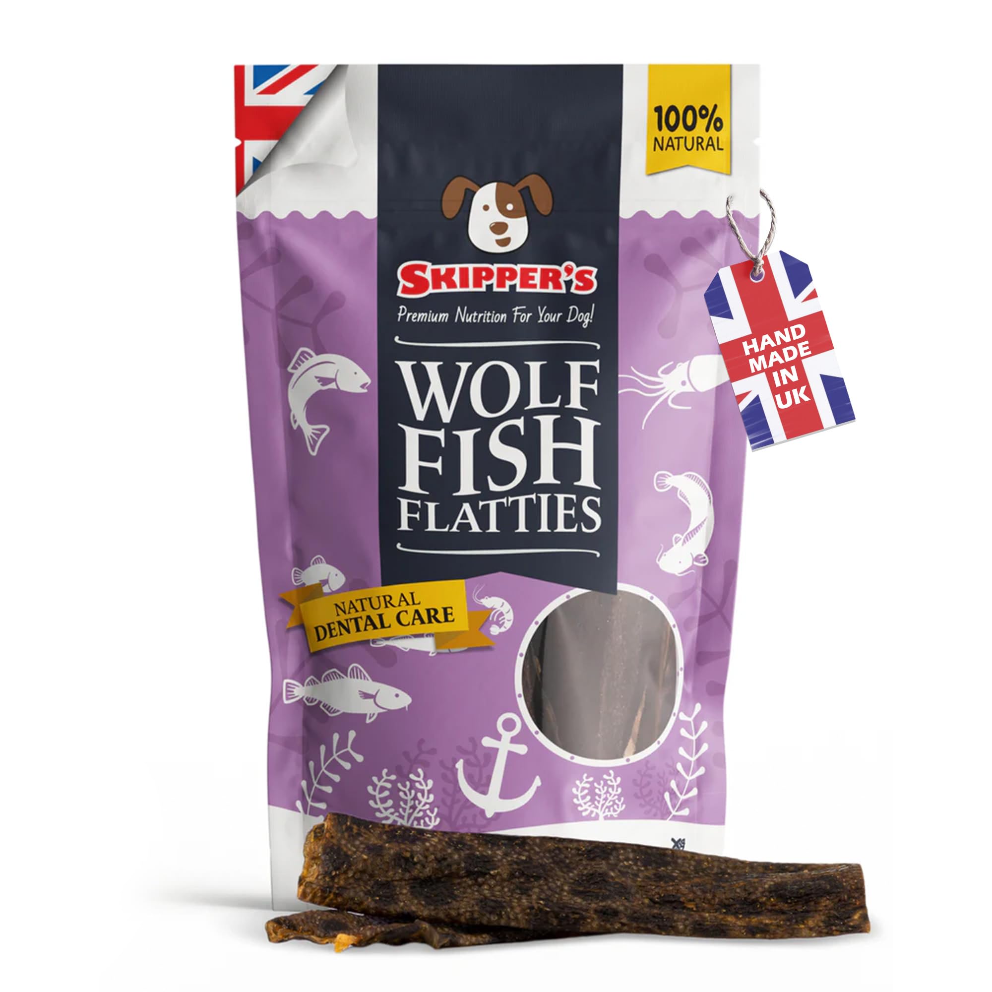 SKIPPER'S Wolf Fish Skin Flatties - Air Dried Grain Free Dog Treats, Healthy & Long Lasting Natural Dog Dental Chews, High in Protein with Essential Omega 3 & 6 Oils | Great for Teeth Short (200g) โ image 1
