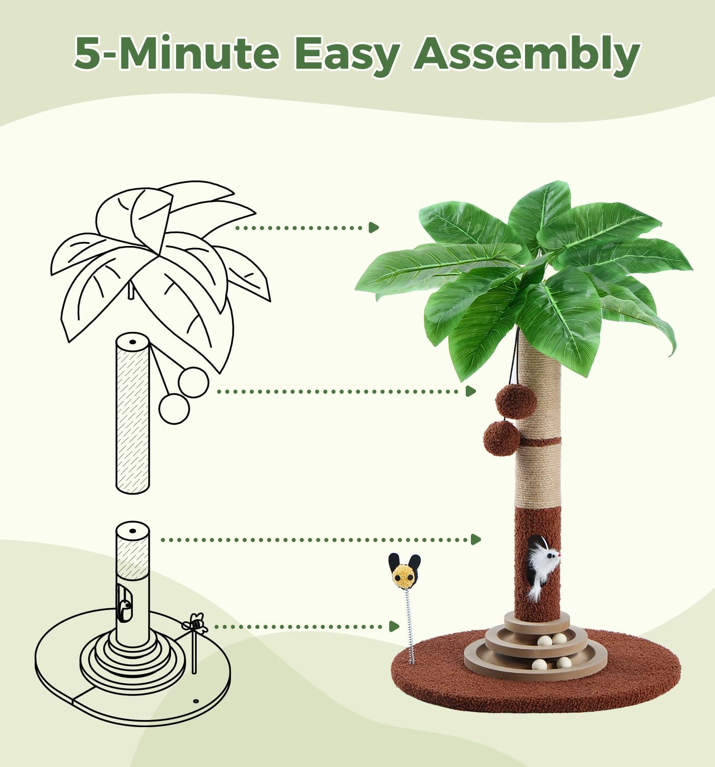 Made4Pets 27" Tall Cat Scratching Post with Sisal Rope, Interactive Hanging Balls, Toy Mouse and Two-Layer Ball Track Kitten Toys, Palm Tree Cat Scratcher Tower for Indoor Cats and Kittens