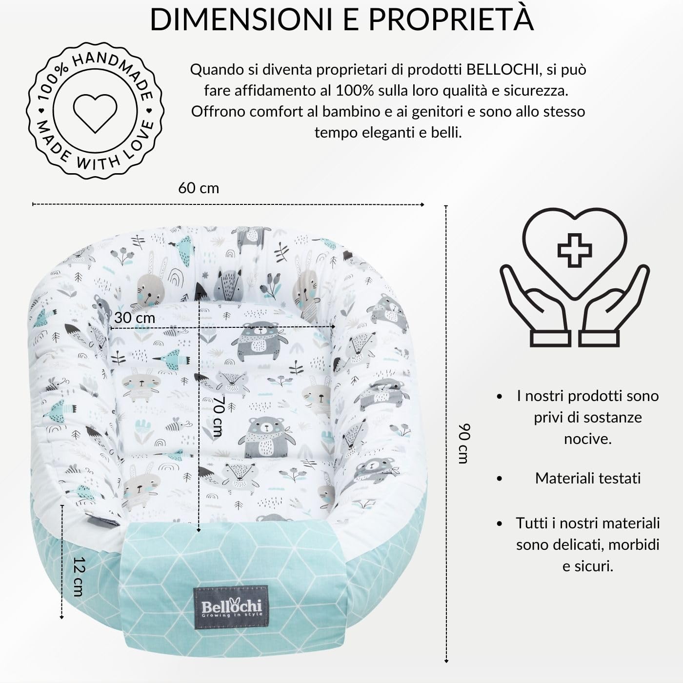Bellochi Riduttore Lettino per Neonato, Riduttore per Culla - Antisoffoco, 100% Cotone - Cuscino Riduttore, Cocoon a Baby, Baby Nest - 90 x 60 cm - Animaland