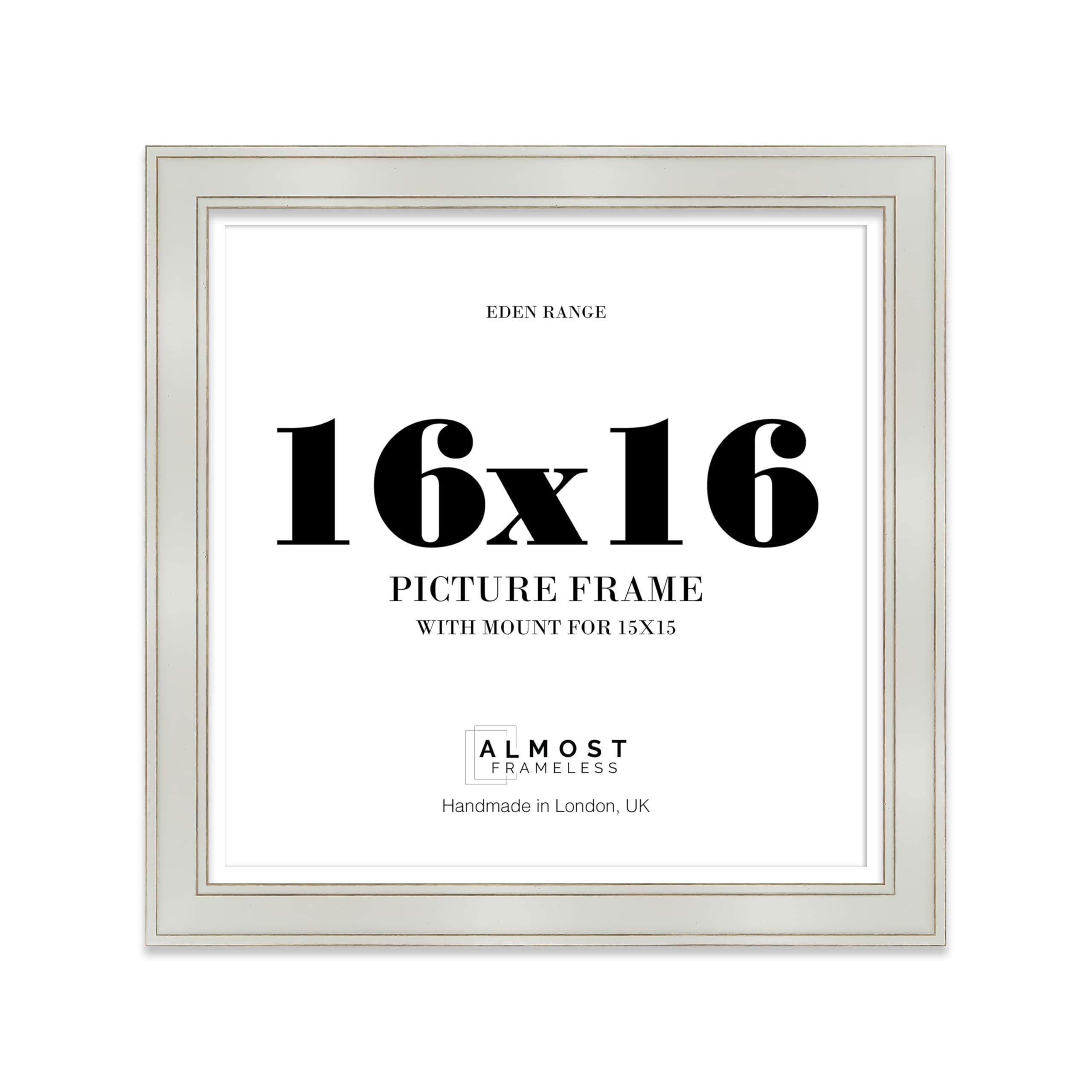 16x16" Light Grey Square Picture Frame with 15x15" Mount - Shabby Chic Photo Frame with Distressed Finish, Gold Trim, Wall Hooks, 37mm Edge - 1 Pack