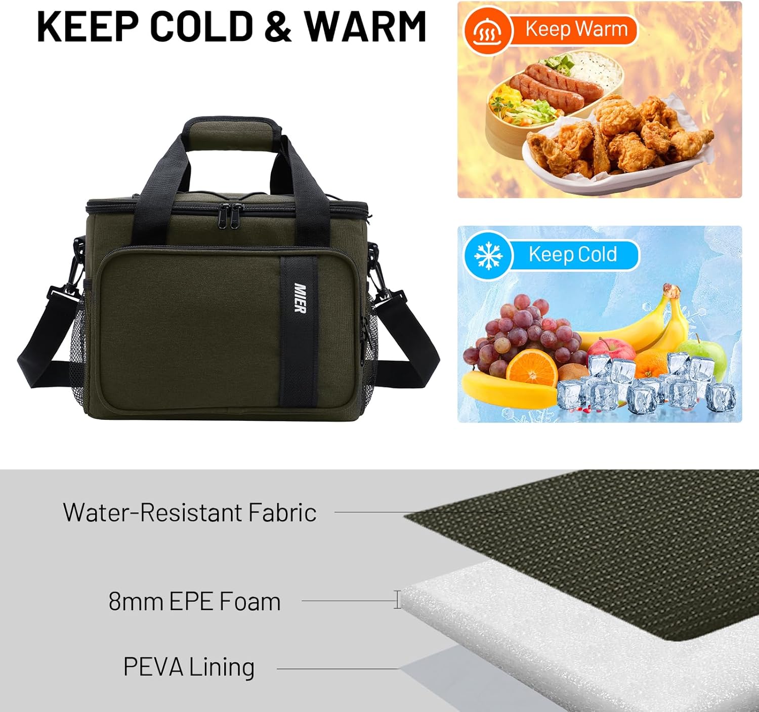 MIER Mens Lunchbox for Work Insulated 24 Cans/15L Large Lunch Bags Leakproof Adult Women Lunch Box Coolers for Travel Beach Picnic Office, Dark Green - Image 2