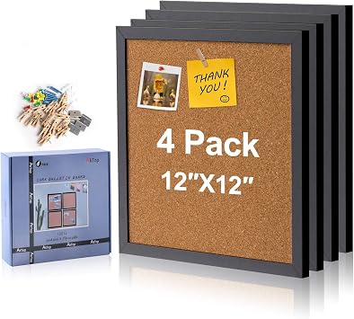 AkTop Cork Board Bulletin Board 12x12, Black Framed Corkboard 4 Pack | Decorative Square Pin Board for Wall, Small Thick Cork Tiles with 32 Push Pins, Display Mood Board for Photos, Notes
