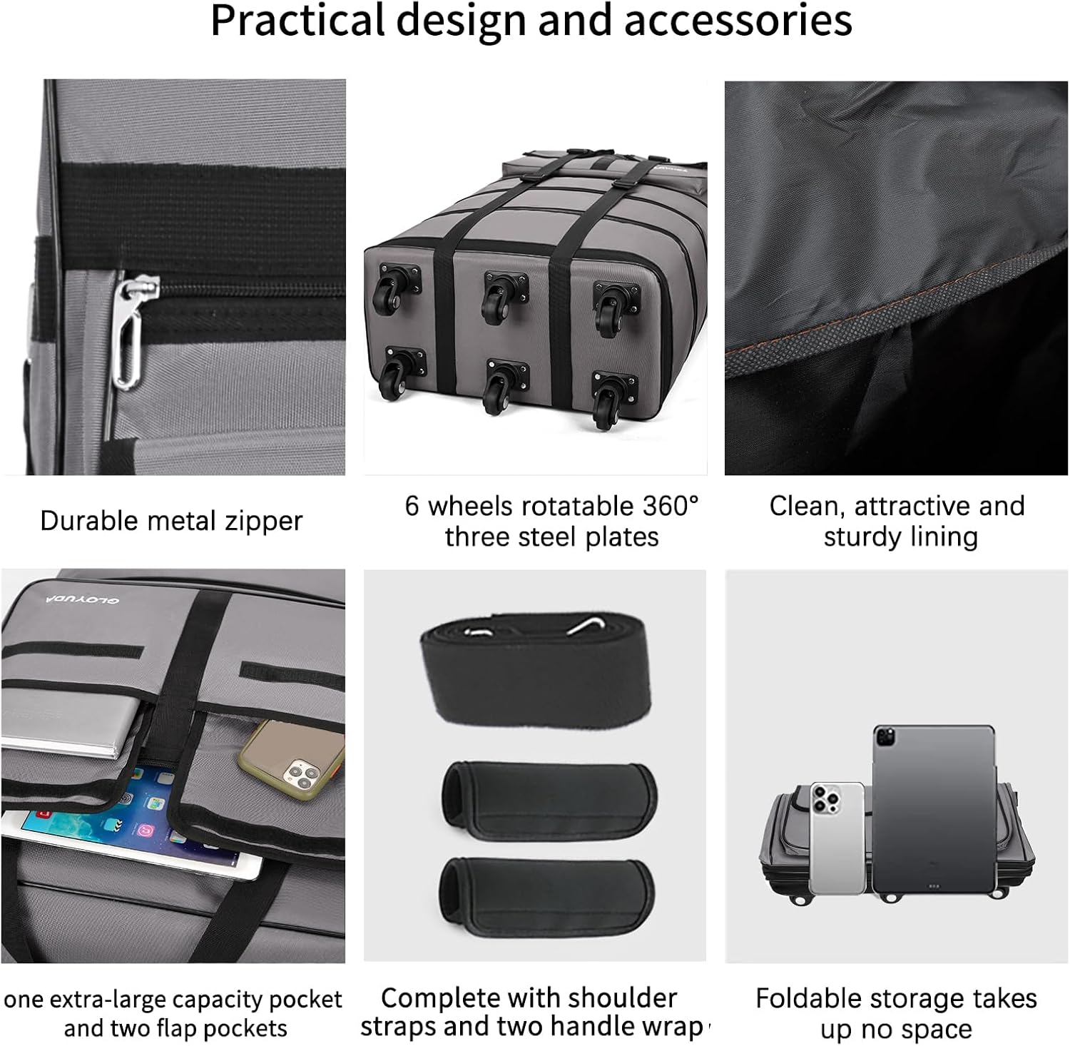 130L Expandable Luggage, 40 Inch Suitcase with Wheels, Collapsible Luggage with Wheels, Rolling Duffle Bag with wheels, Foldable Suitcasewith2Handle Wrap 2Fixing Straps 1Shoulder Strap (gray) - Image 4