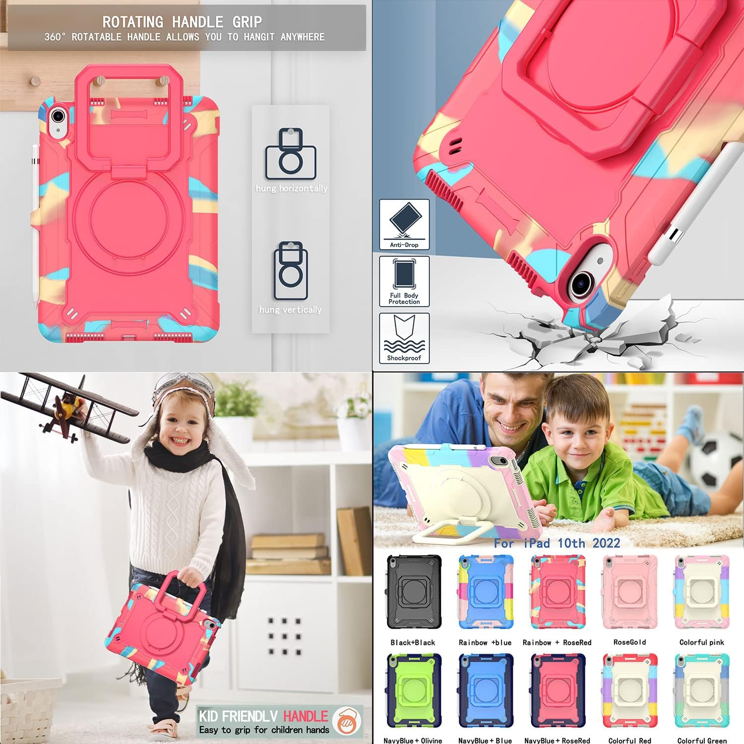 Case for iPad A16 11th Generation 11 inch 2025 & iPad 10th Generation Case 10.9 inch 2022 with Pencil Holder/Rotating Stand Handle/Shoulder Strap Shockproof Bumper Cover, Rainbow & Rose Red