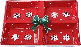 Festive Red Snowflake Christmas Themed Winter Holiday Ceramic 4-Section Server