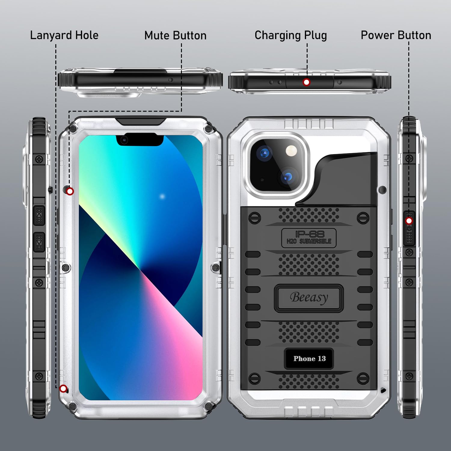 Beeasy Cover per iPhone 13 IP68 Impermeabile Custodia Militare Antiurto Resistente 360° Metallo Armor Protezione Schermo Integrata Rugged Robusta Indistruttibile Subacquea Antipolvere Argento