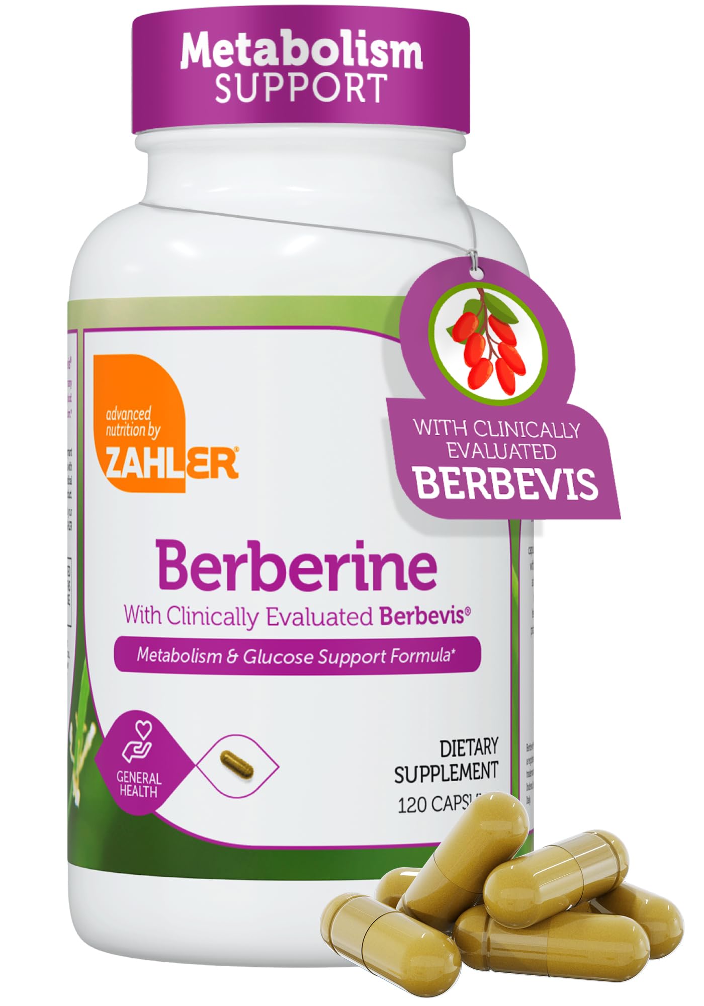 Zahler Berberine with Clinically Evaluated Berbevis, Metabolism and Glucos Support Formula, 120 Capsules.