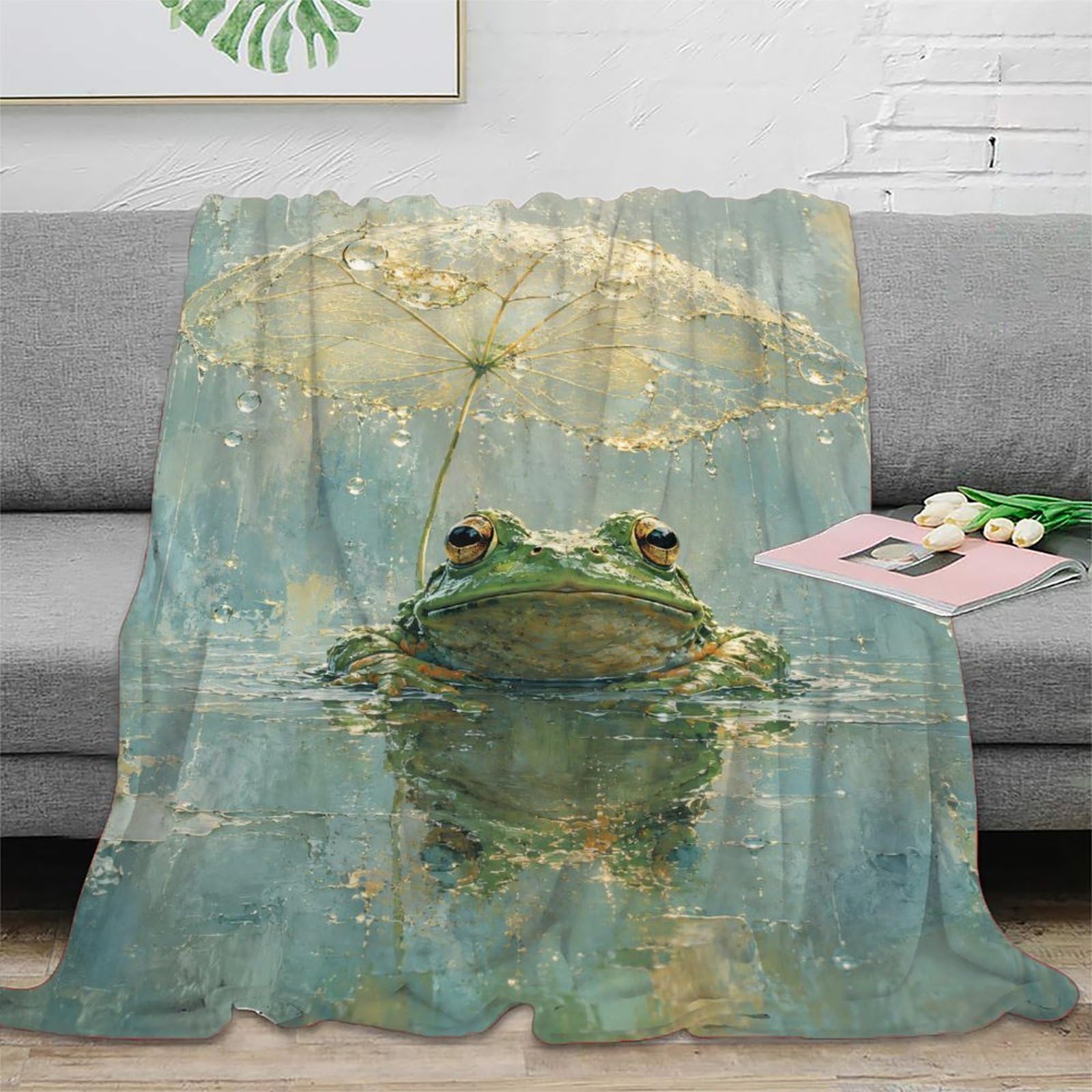 W7C8U2X3 Watercolor Umbrella Frog Throw Blanket, Flannel, Guest Room