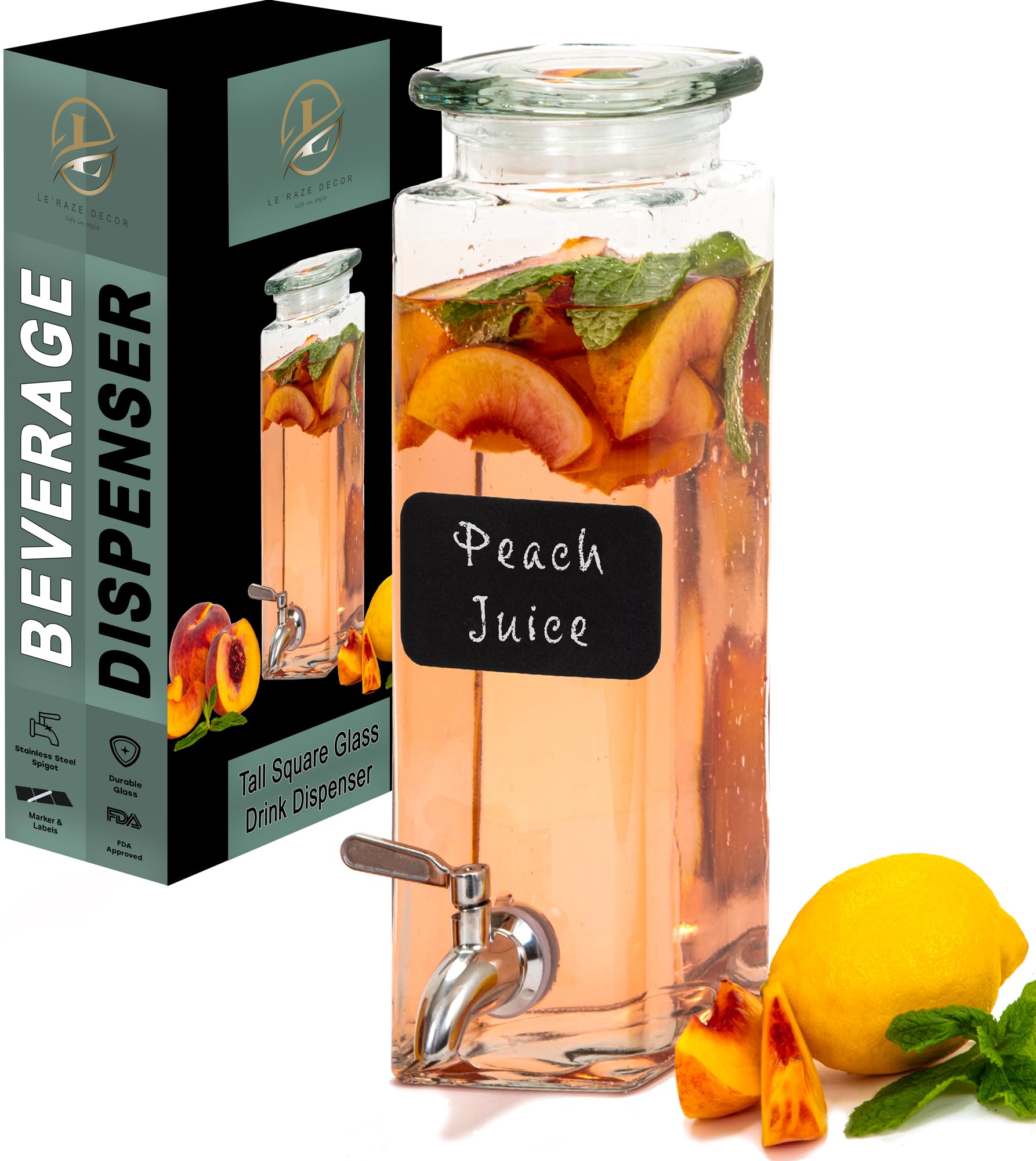 Dispensador de bebidas cuadrado de vidrio para fiestas, espiga de acero inoxidable + marcador y etiqueta, dispensador de bebidas 100% a prueba de fugas, dispensador de detergente líquido para