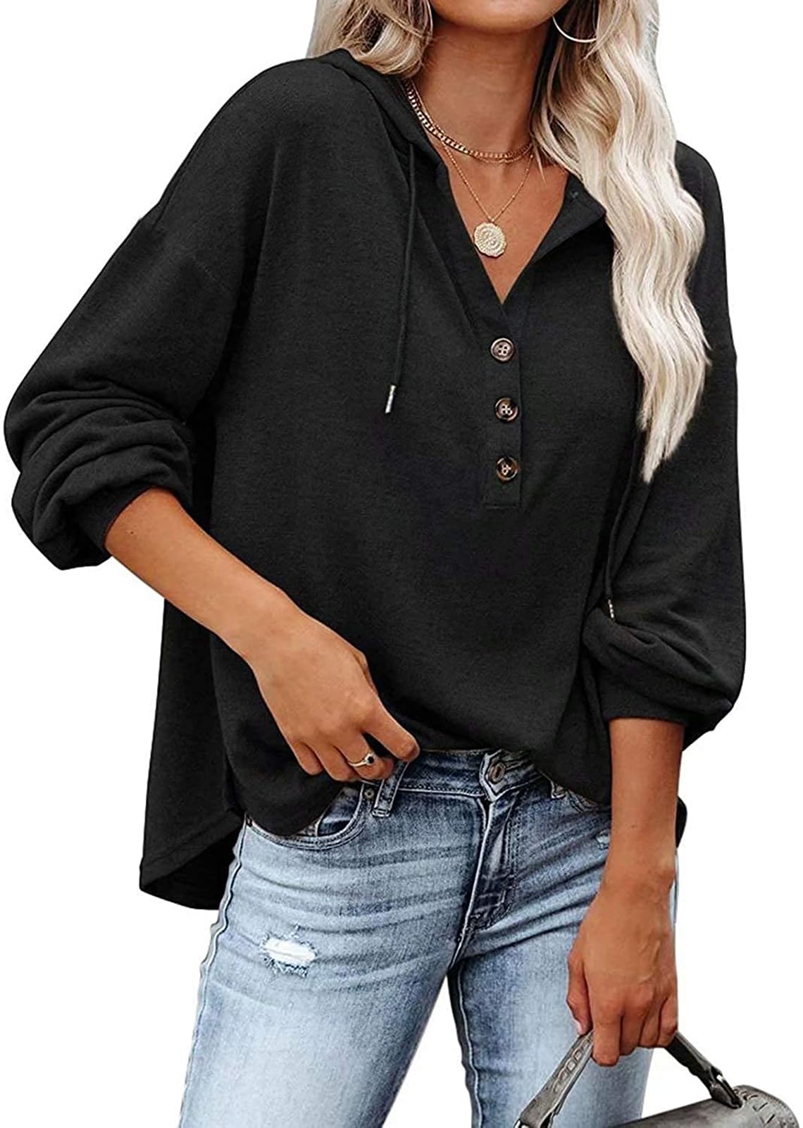 VIGVAN Kapuzenpullover Damen Hoodie Langarm V-Ausschnitt Pullover Knopfleiste Henley Sweatshirt mit Kapuze Kordelzug Oberteil
