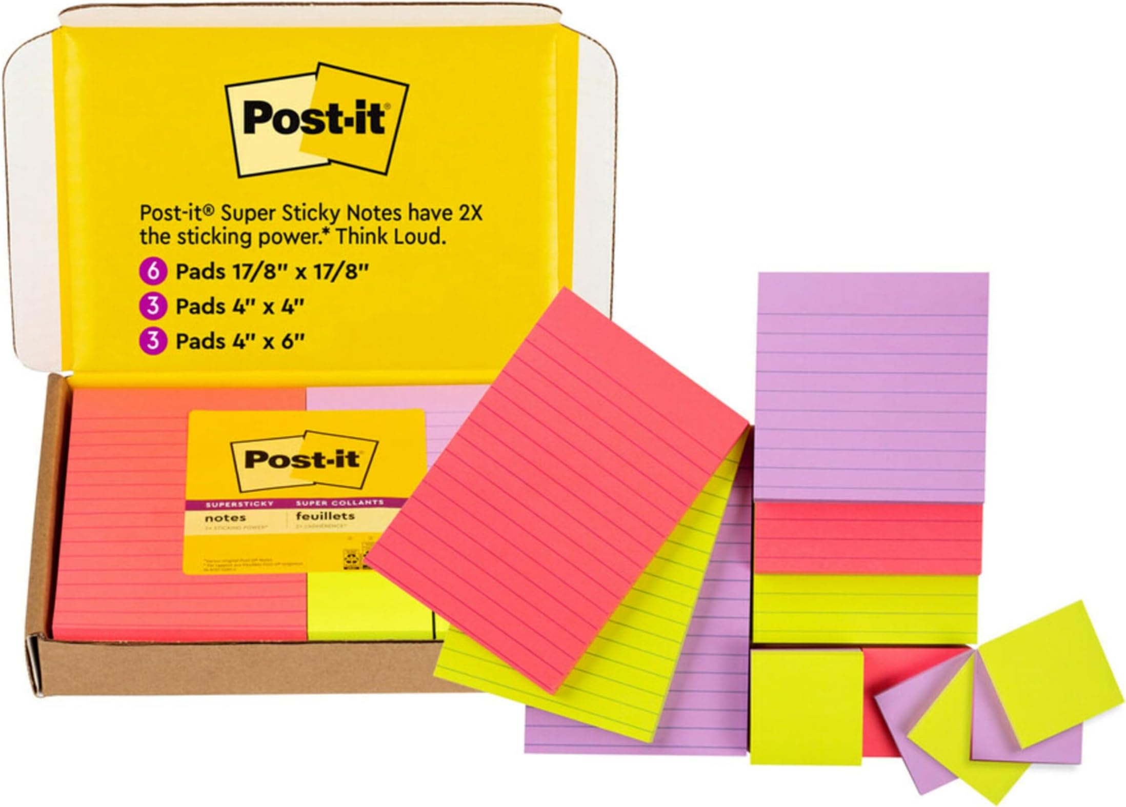Post-it Super Sticky Notes, Bright Color Collection (Pink, Purple, Green), 12 Pads/Pack, 90 Sheets/Pad, Assorted Sizes (4642-12SSMX)