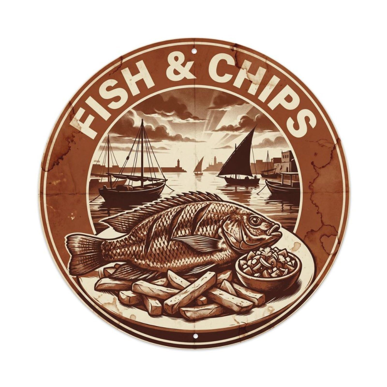 Market Food Kenya Fish And Chips Seafood Black White Metal Tin Sign