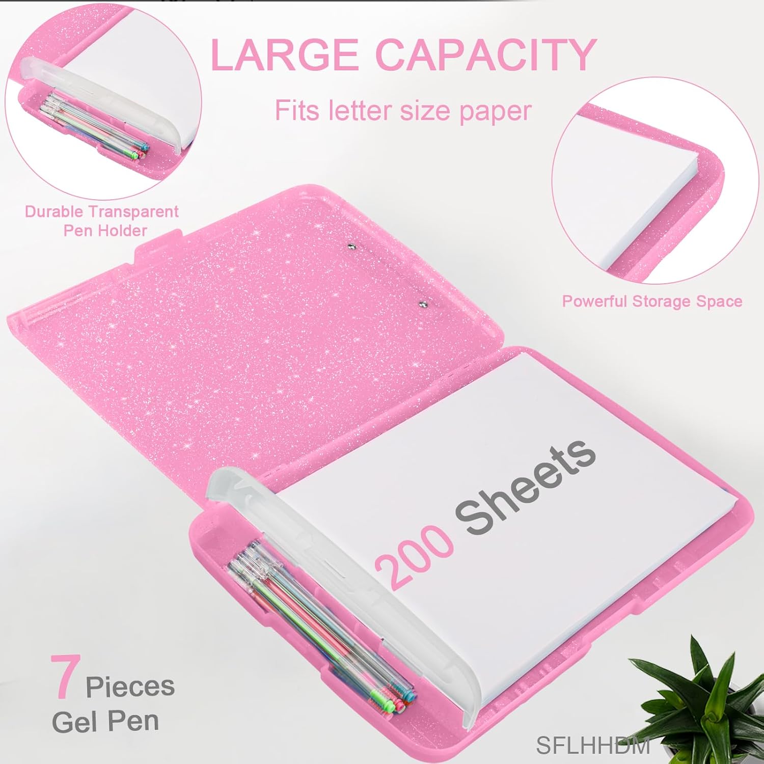 Glitter Clipboard with Storage,Storage Clipboard with Pen Holder,A4 Binder Clip Boards 8.5x11 with Low Profile Clip,Side Opening Sparkle Clipboards, Clipboards Folder for Office Supplies-Rose Pink - Image 3