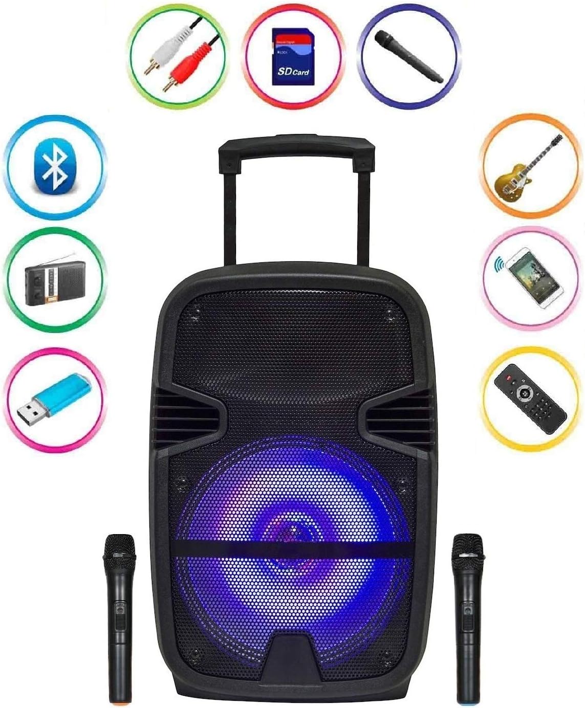 Qualimate 15 Inch Karaoke Bluetooth PA System Portable Trolley Speaker with 2 Wireless Mic, Remote Control, FM Radio and AUX/TF/USB (15 Inch 2)