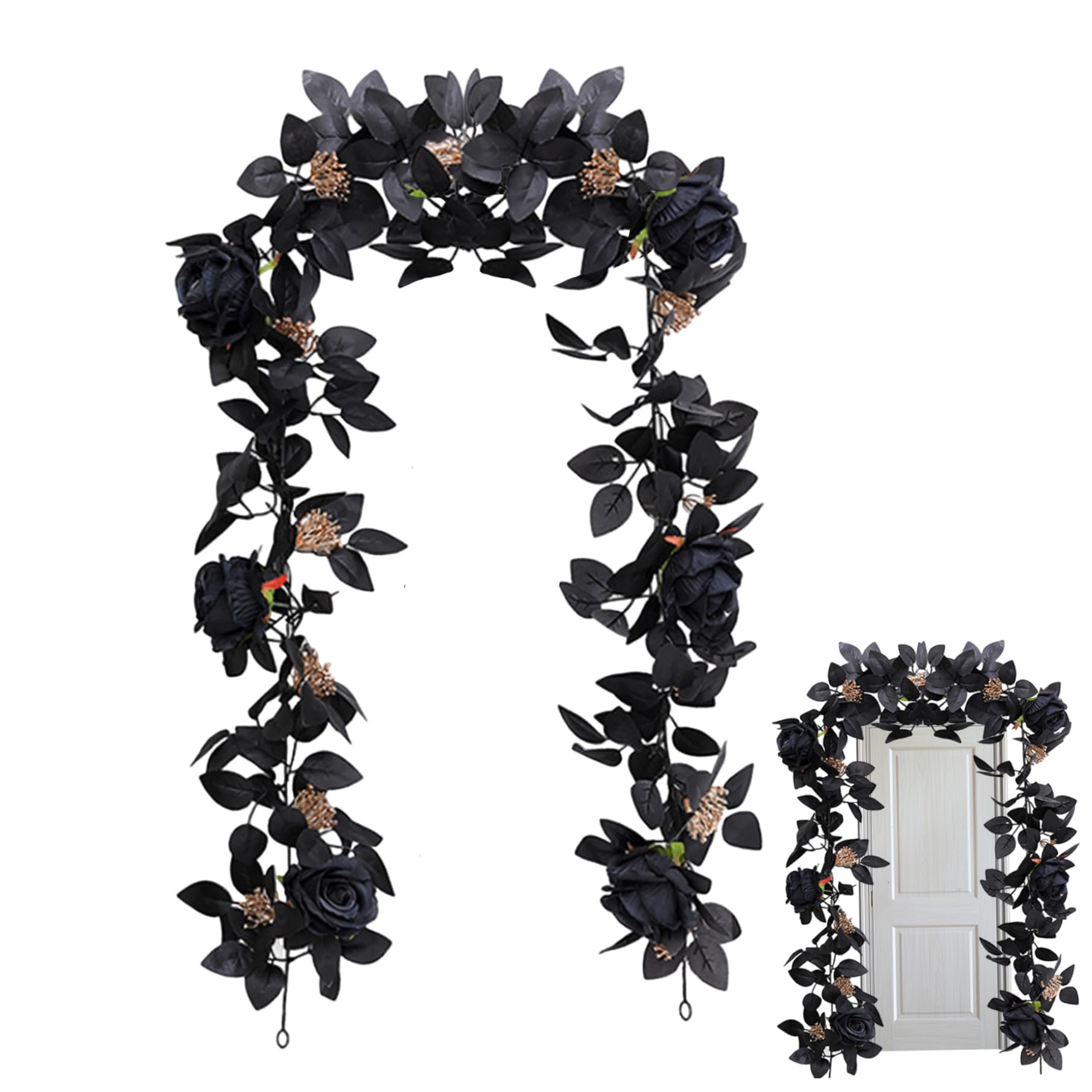 Sjfbebsy Black Rose Garland, 69in Artificial Rose Vine with Black Berry Leaves for Halloween Fall Decor, Garlands for Decoration