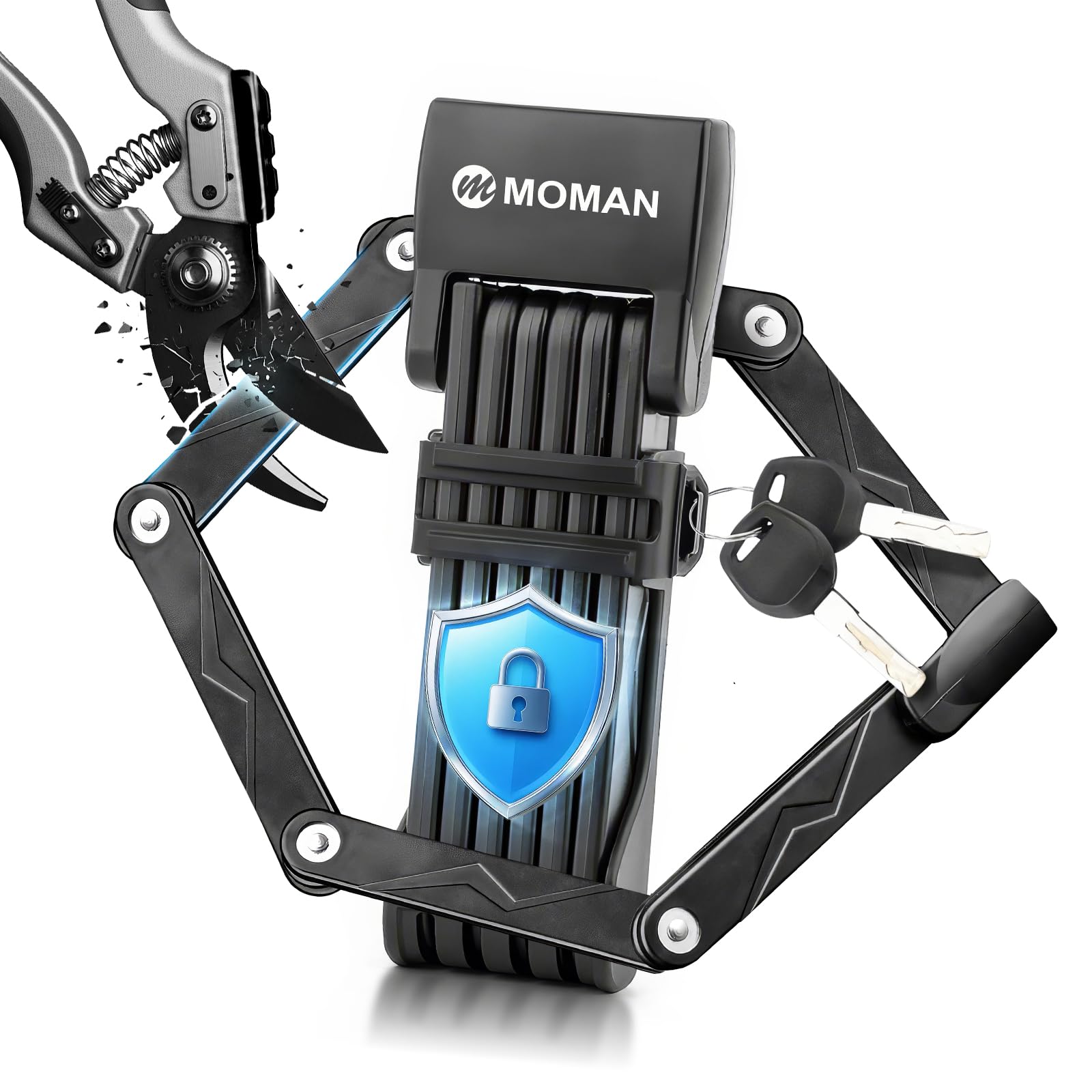 Moman Folding Bike Chain Lock, Classic Security Folding Chain Lock Anti Theft 31" Compact Bicycle Smart Secure Guard with 2 Keys & Bracket & Velcro Strap for Electric Scooter & Bikes, Black