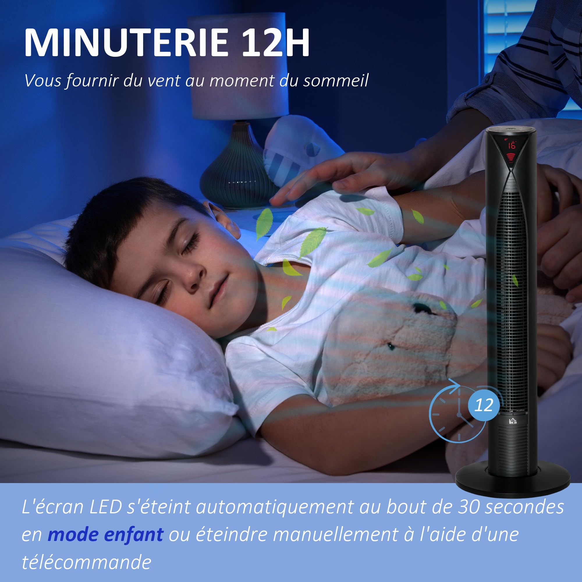HOMCOM Ventilateur colonne, avec télécommande, minuterie 12 heures, mode veille, 3 vitesses, ventilateur tour oscillant pour maison, chambre à coucher, bureau, noir