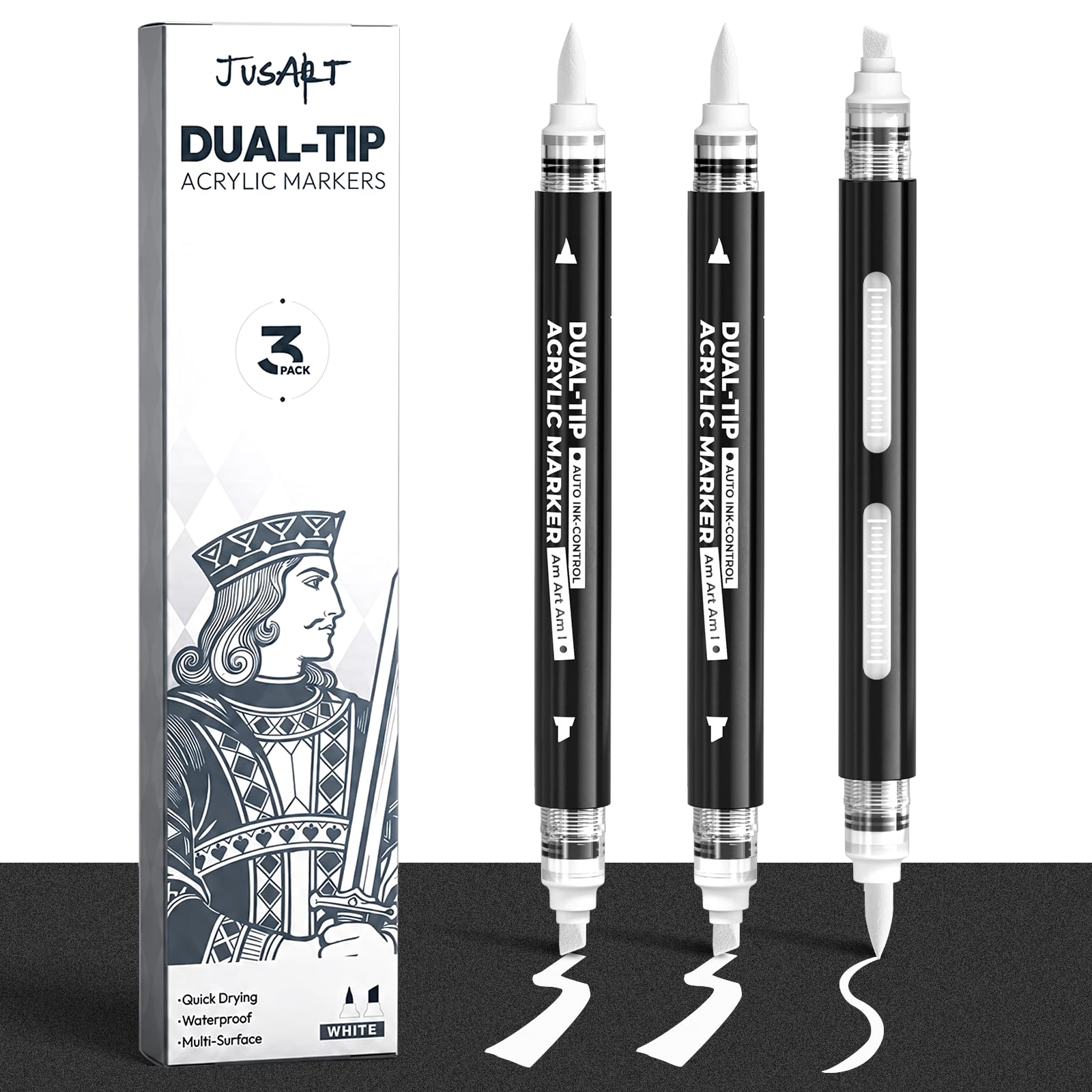 3 White Dual-Tip Acrylic Paint Markers, Automatic Ink Control