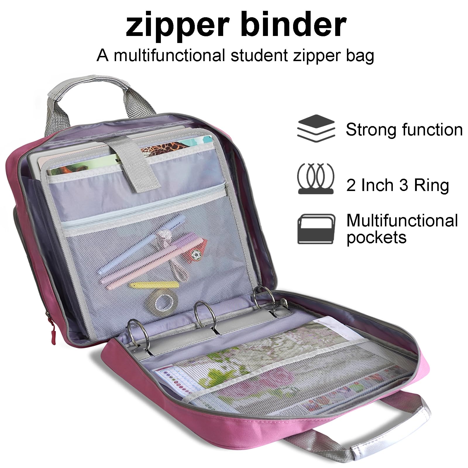 Carpeta con cremallera de 3 anillos de 2 pulgadas, carpeta con correa, capacidad para 500 hojas y múltiples bolsillos para la escuela y la oficina (rosa)