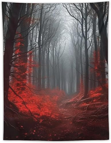 BAHELS Tapiz de bosque rojo, gótico, misterioso, lluvioso, niebla, escena de la naturaleza, borgoña, negro, hoja de árbol, tapiz de tela para