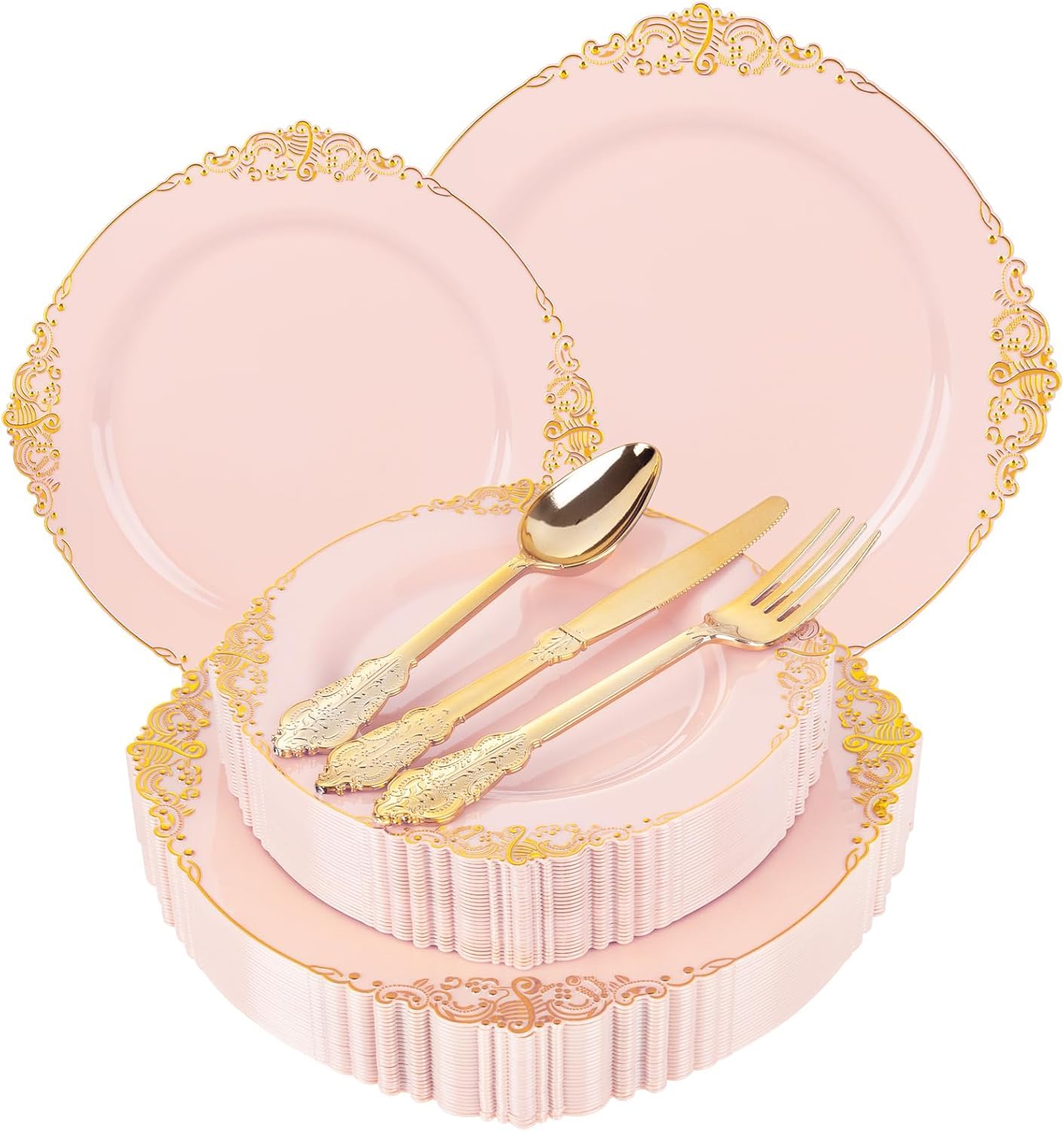 Wedding Plates & Silverware Set - 125PCS Gold & White -11