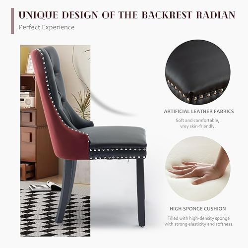 Miniatura 3 de SoarFlash Juego de 4 sillas de comedor de cuero, sillas laterales con respaldo alto, silla lateral tapizada moderna con anillo trasero de botón,