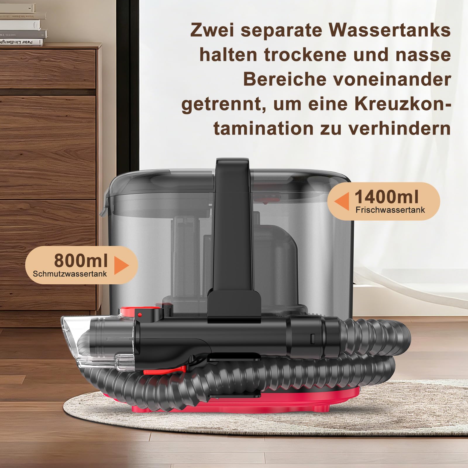 C2 Teppichreiniger, 25 kPa, 1.400-Milliliter-Frischwassertank und 800-Milliliter-Schmutzwassertank, Selbstreinigungsfunktion, geeignet für Sofas, Matratzen, Vorhänge und Hartböden