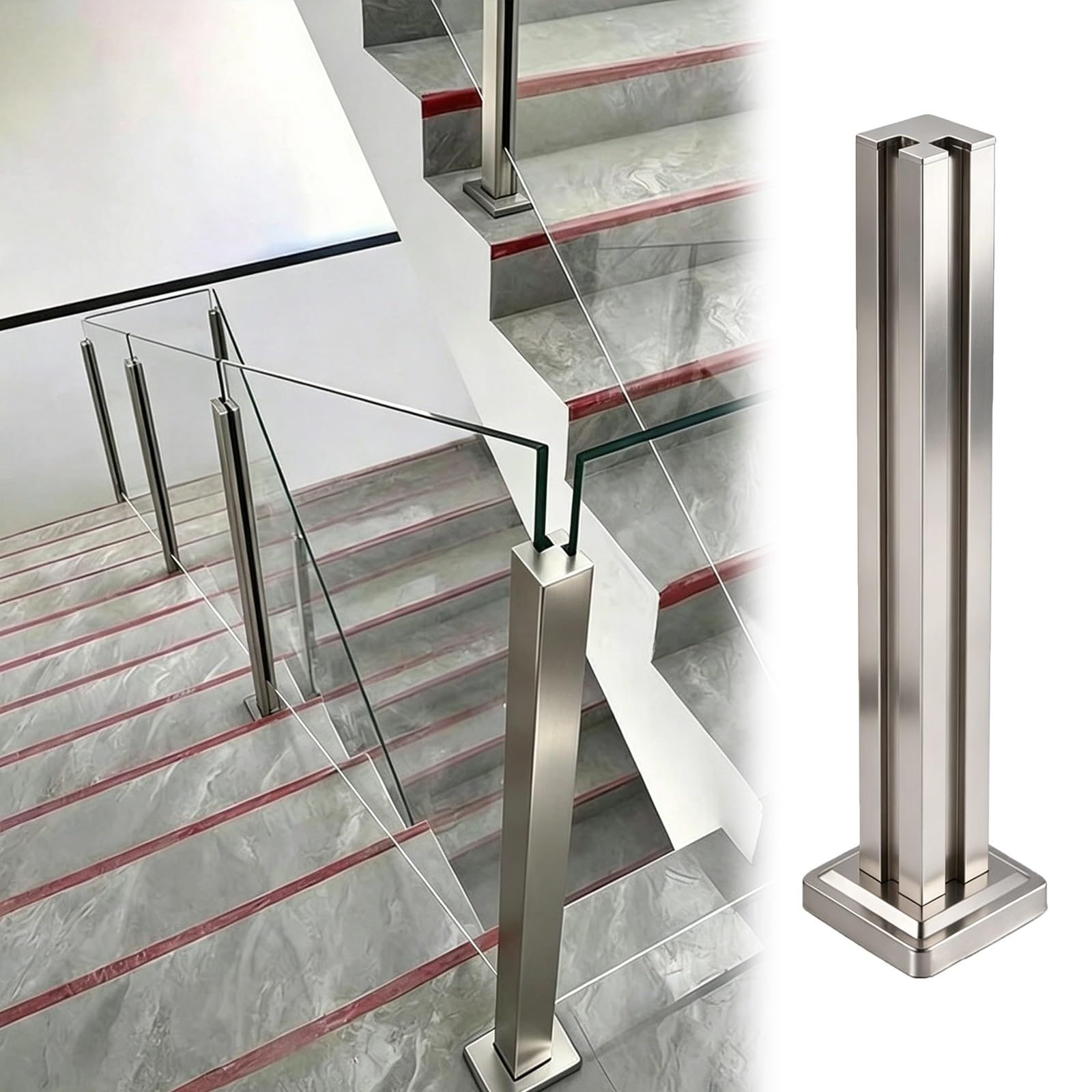 ZJKXJH Indoor Outdoor Glass Railing Post for Stairs, Frameless Panel Baluster Post for Patios/Balconies/Rooftop Terraces, No Drill In Glass(Corner Post-Silver,H-43.3"/110cm)