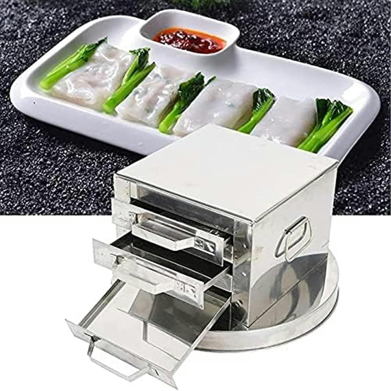 Macchina a vapore a 3 strati in acciaio inossidabile per rotolo di riso - Attrezzatura per la produzione di noodle domestici, efficiente macchina per rotoli di riso al vapore per cucinare a casa