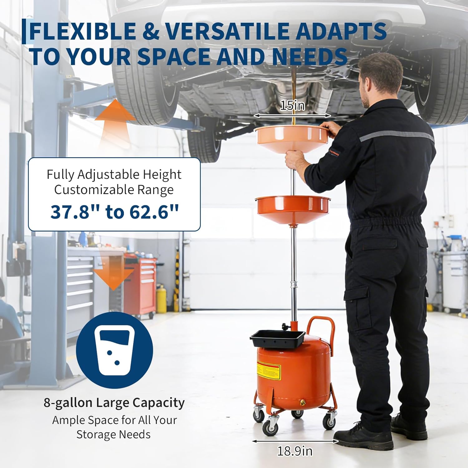 8 Gallon Waste Oil Drain Tank with Adjustable 38"–63" Funnel, Portable Air-Operated Drainer for Waste Oil, Heavy-Duty Steel Mobile Cart for Oil Drains, Rust-Resistant Tank with High-Temp Drain Hose