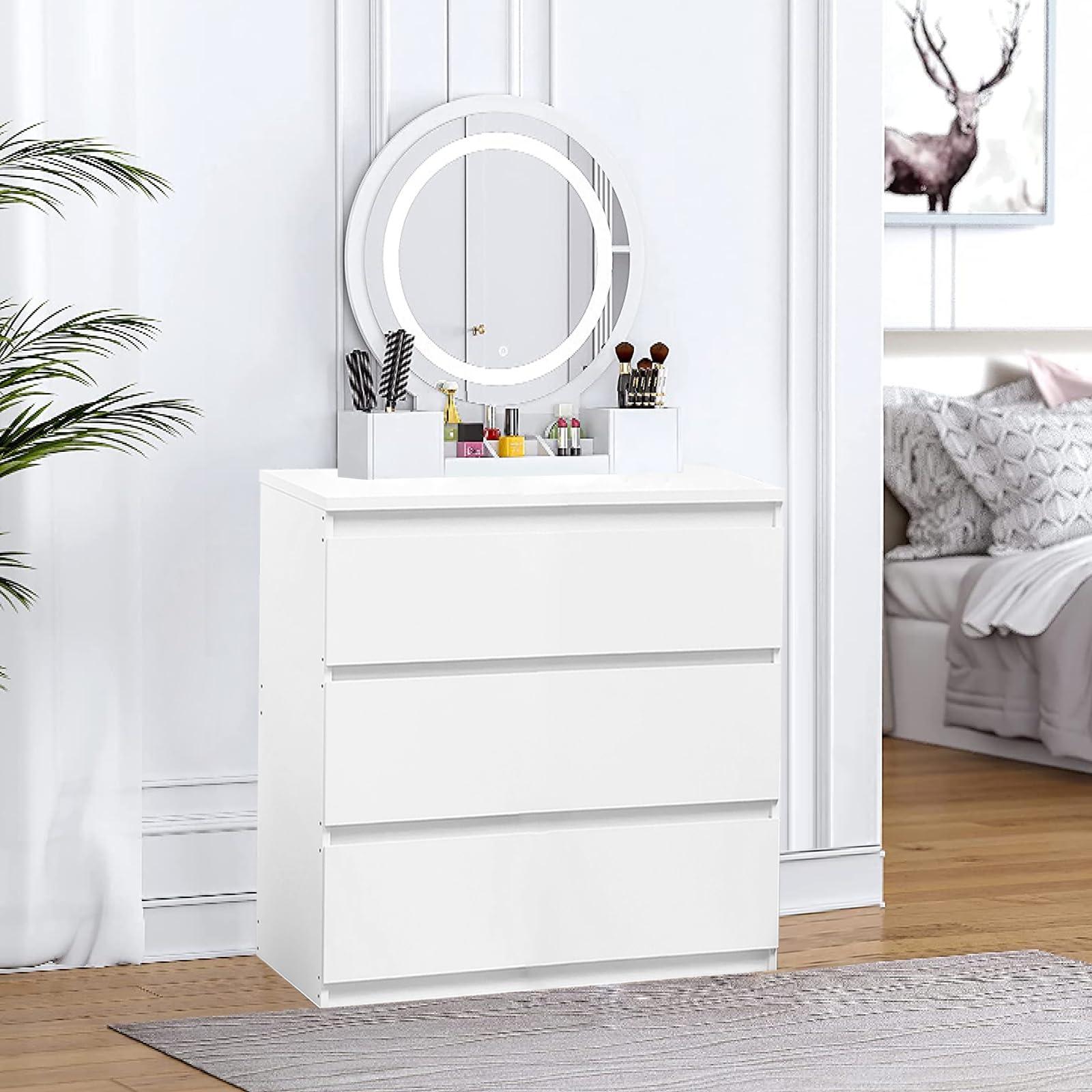 Cómoda Blanca con 3 Cajones, Cómoda y Cajonera Dormitorio Mueble de Cajonera Blanca Moderno Gavetero Alta 75 cm Almacenamiento Sinfonier para Dormitorio Salón Oficina (3 Cajones)