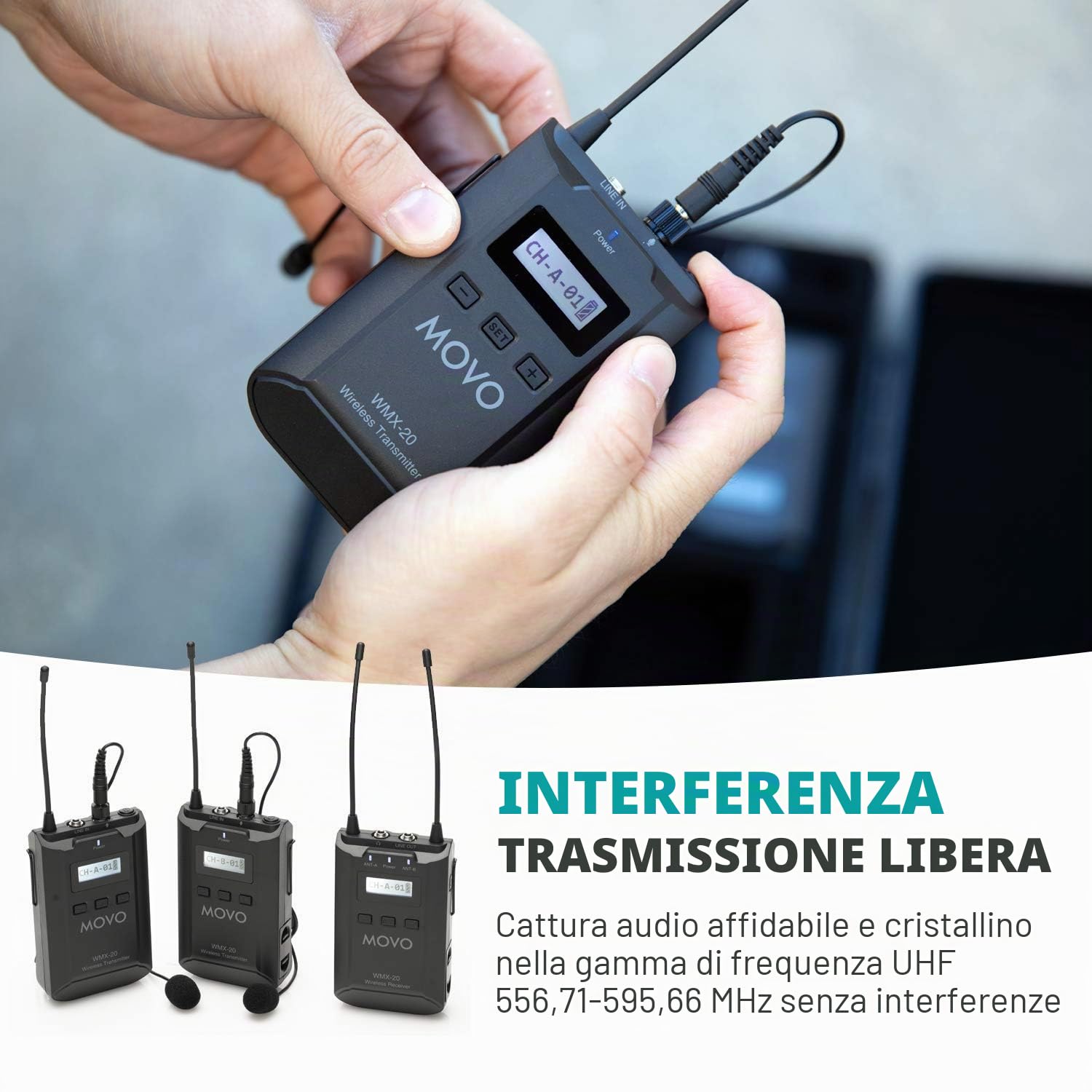 Movo Sistema Microfono Lavalier Wireless UHF a 48 Canali WMX-20-DUO con 1 Ricevitore, 2 Trasmettitori e 2 Microfoni con Risvolto Compatibile con Fotocamere DSLR (Gamma Audio 100 Metri)
