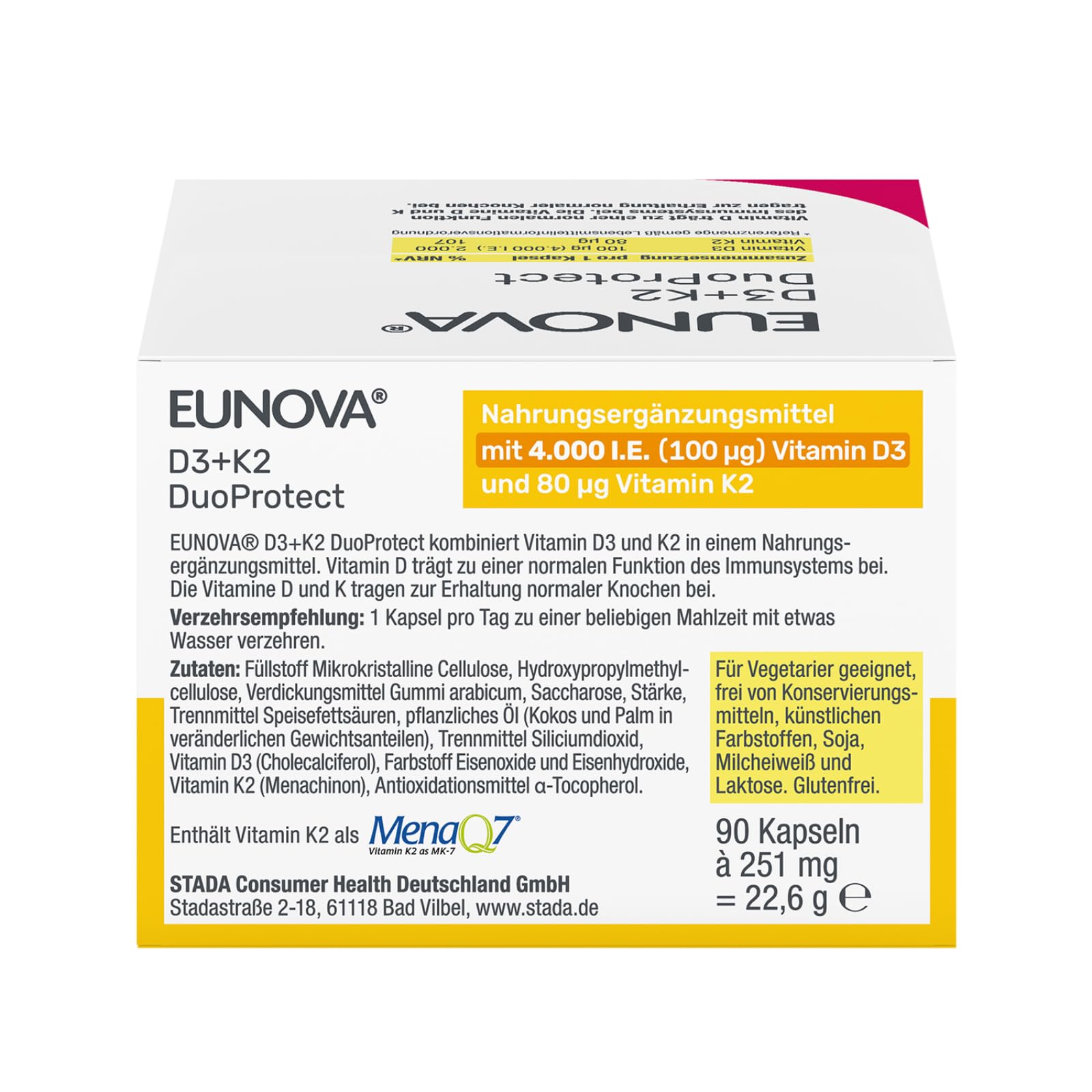 EUNOVA D3+K2 DuoProtect 4000 I.E., hochdosiertes Vitamin D3 & K2, 2x 90 St.