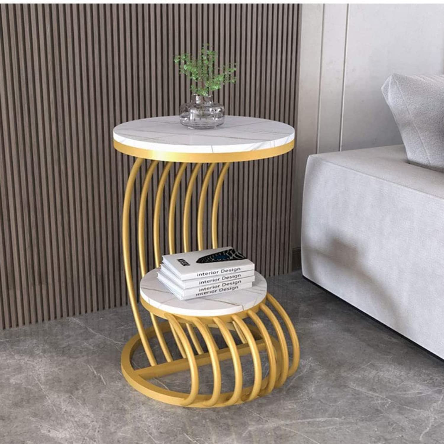 AAFIYA HANDICRAFTS Luxurious Dual-Tier Marble Look Top Side Table with Elegant Metal Frame Modern Unique Curved Perfect for Office Décor Multi-Functional Accent Style & Storage (Gold & White)