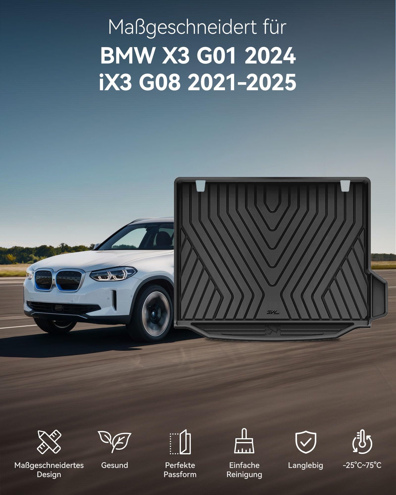 3W kofferraumwanne für BMW X3 G01 2024/iX3 G01 2021-2025, Nicht für PHEV, Thorex™ Allwetter Maßgeschneiderte Kofferraummatte BMW X3/iX3 Auto Kofferraum Zubehör, Wasserabweisend & Pflegeleicht