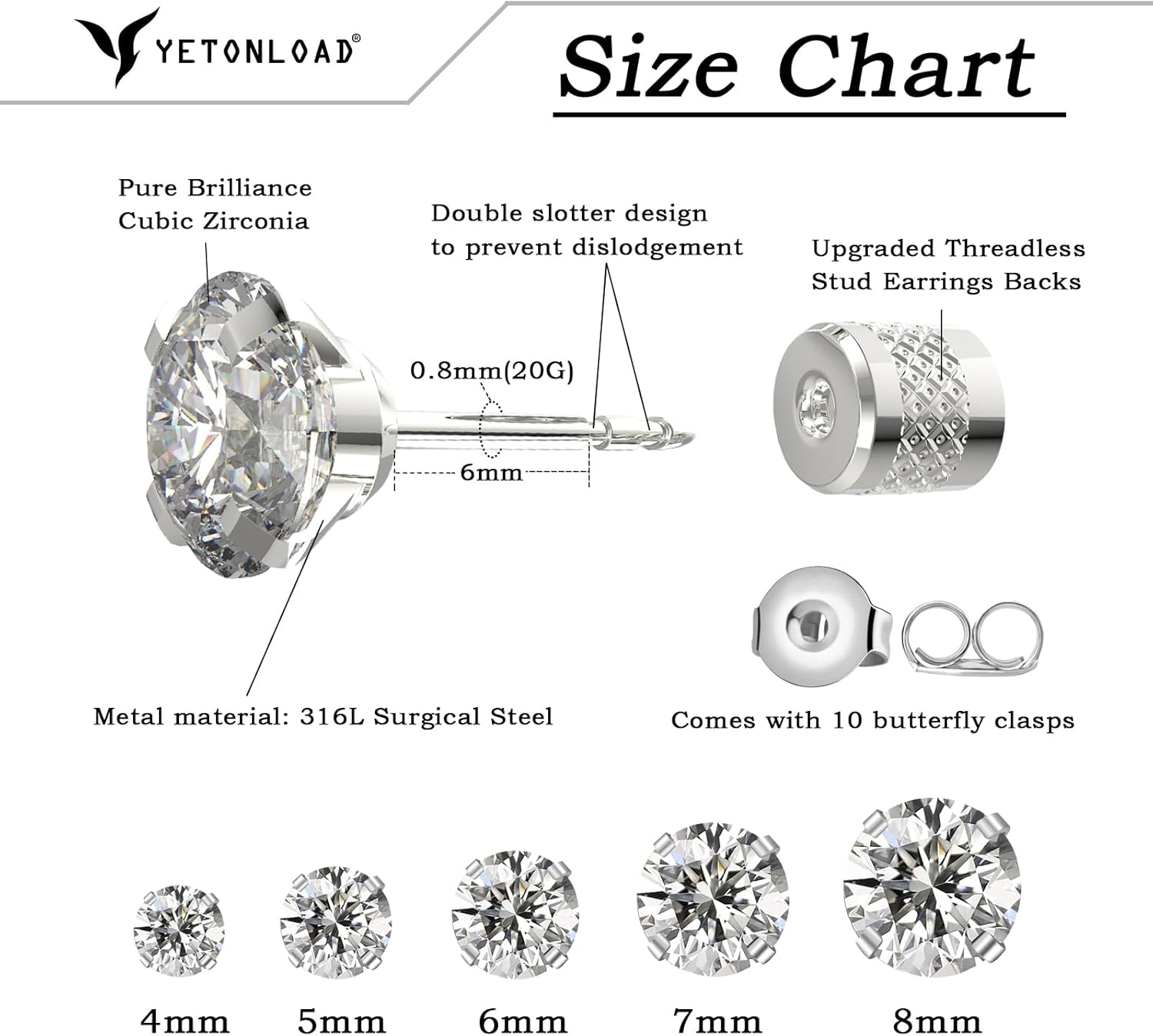 5-6 pairs Push-in Flat Back Stud Earrings Hypoallergenic Surgical Stainless Steel Cubic Zirconia Earrings Studs Set Multi-Pack, CZ Stud Earrings for Women Men Trendy Cartilage Stud Earrings 2-8mm - Image 7