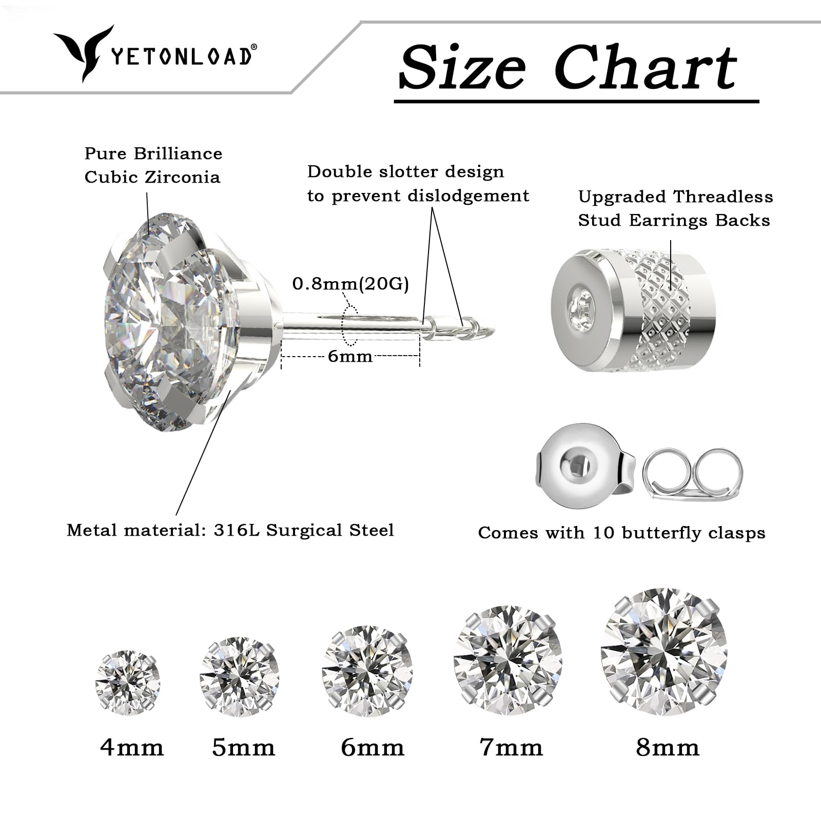 5-6 pairs Push-in Flat Back Stud Earrings Hypoallergenic Surgical Stainless Steel Cubic Zirconia Earrings Studs Set Multi-Pack, CZ Stud Earrings for Women Men Trendy Cartilage Stud Earrings 2-8mm