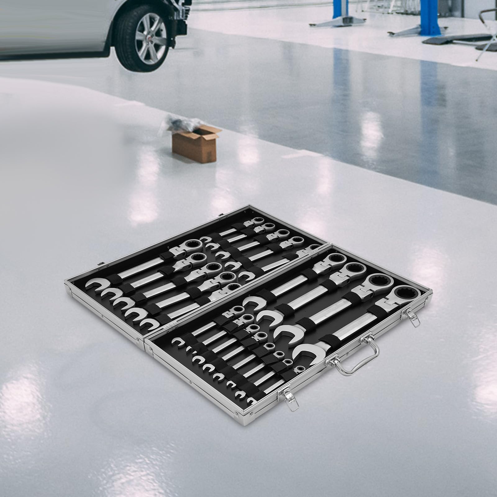 Juego de llaves fijas de 22 piezas, 6-32 mm, juego de llaves de carraca articuladas con maletín de herramientas, kit de llave fija portátil para reparación de bicicletas y reparación de
