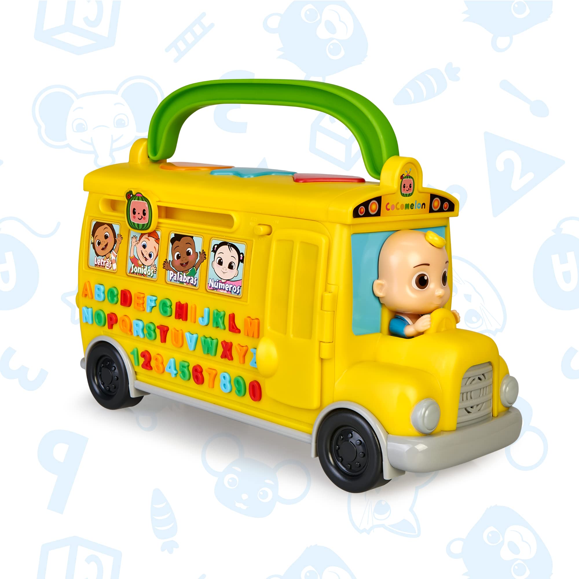 CoComelon - Learning Bus, autobús Amarillo de Juguete con Luces, música y Sonidos para Aprender Las Letras y los números, Set de Juego Infantil de Aprendizaje, para preescolares, Famosa (CCM08102)