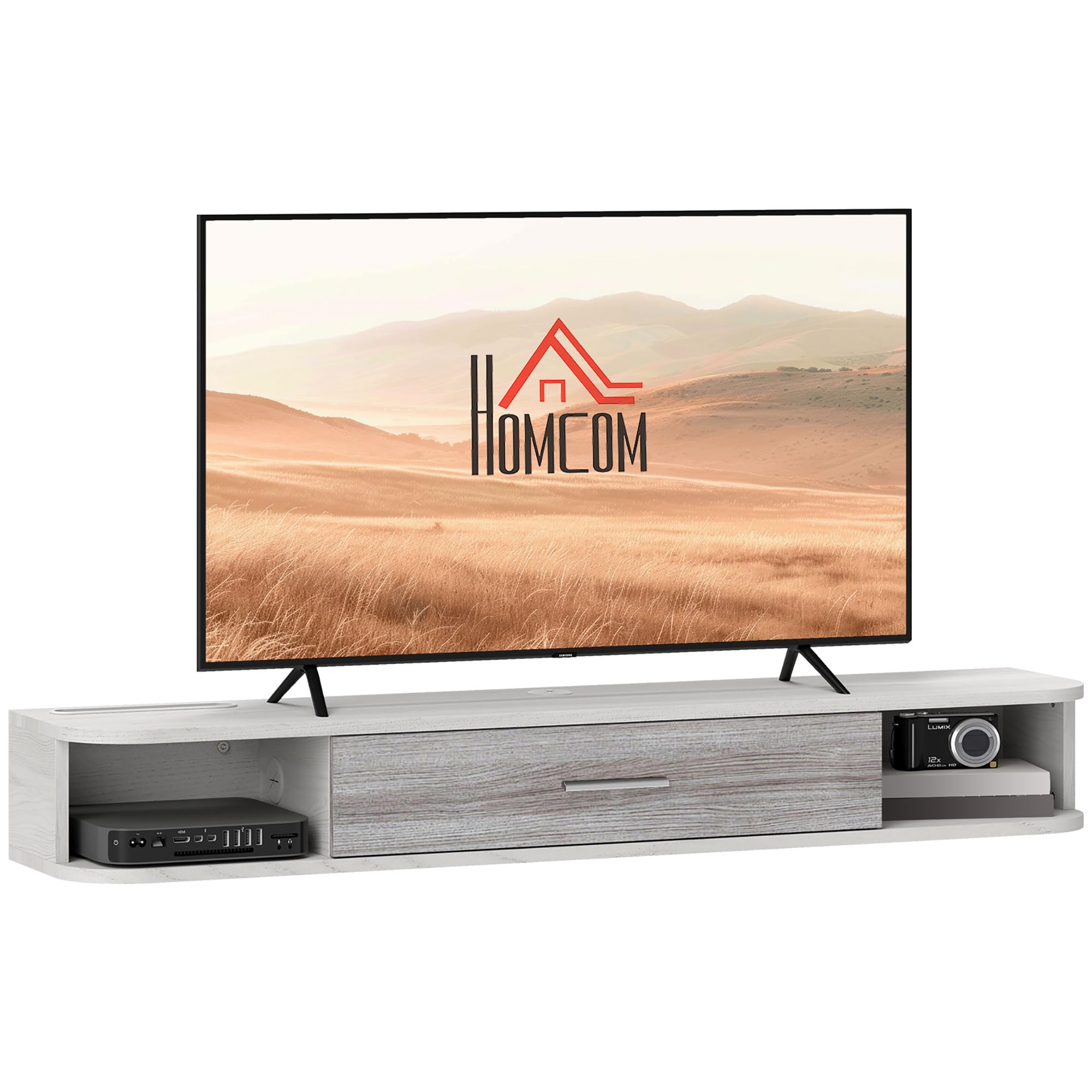 HOMCOM Mobile TV Sospeso con 2 Ripiani Aperti e Armadietto ad Anta Ribaltabile, Mobile Porta TV in Legno, 120x26x16 cm, Bianco e Grigio