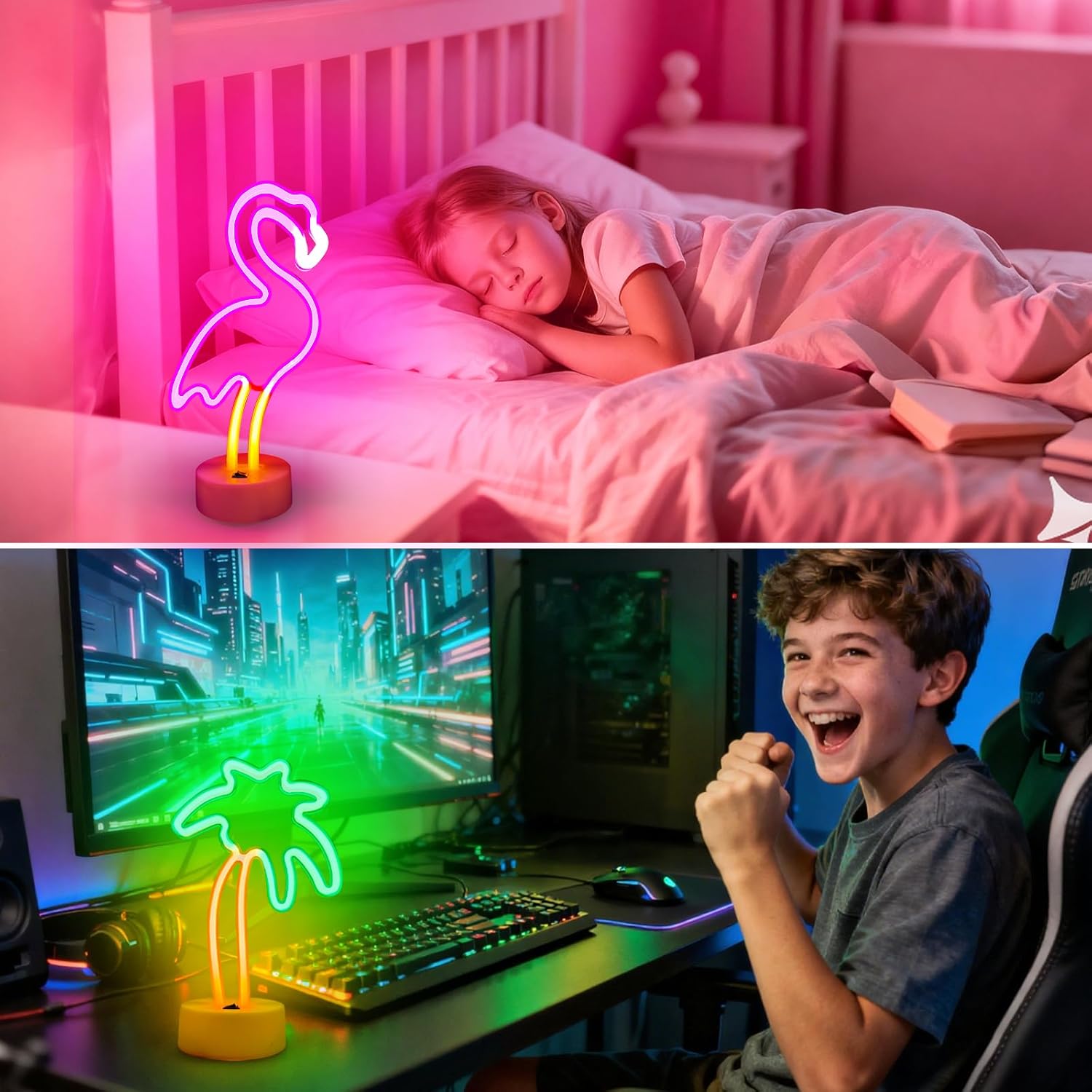 UrsaMajor 2 Pack Neon Signs, Pink Flamingo & Neon Palm Tree, USB/Battery Powered, Energy Efficient, Decor Lights for Girls Bedroom, Party, Dining Tables, Office desk, Valentine Gifts
