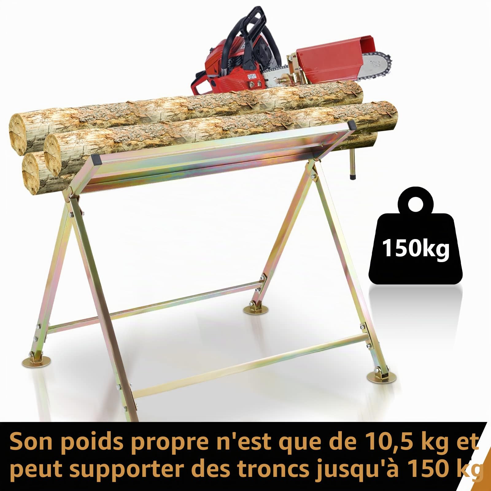Sonnewelt Chevalet de sciage pliable en bois galvanisé pour bois de chauffage et tronçonneuse, capacité de charge jusqu'à 150 kg, doré, 80 x 65 x 78 cm