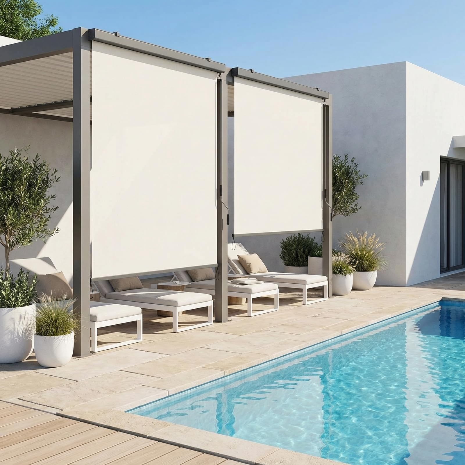 Woltu verticaal zonnescherm, balkonluifel, verticaal zonnescherm met handslinger en luifelcassette voor terras en balkon, UV-bestendig, zonwering, windscherm en zichtbescherming, beige, 140 x 140 cm