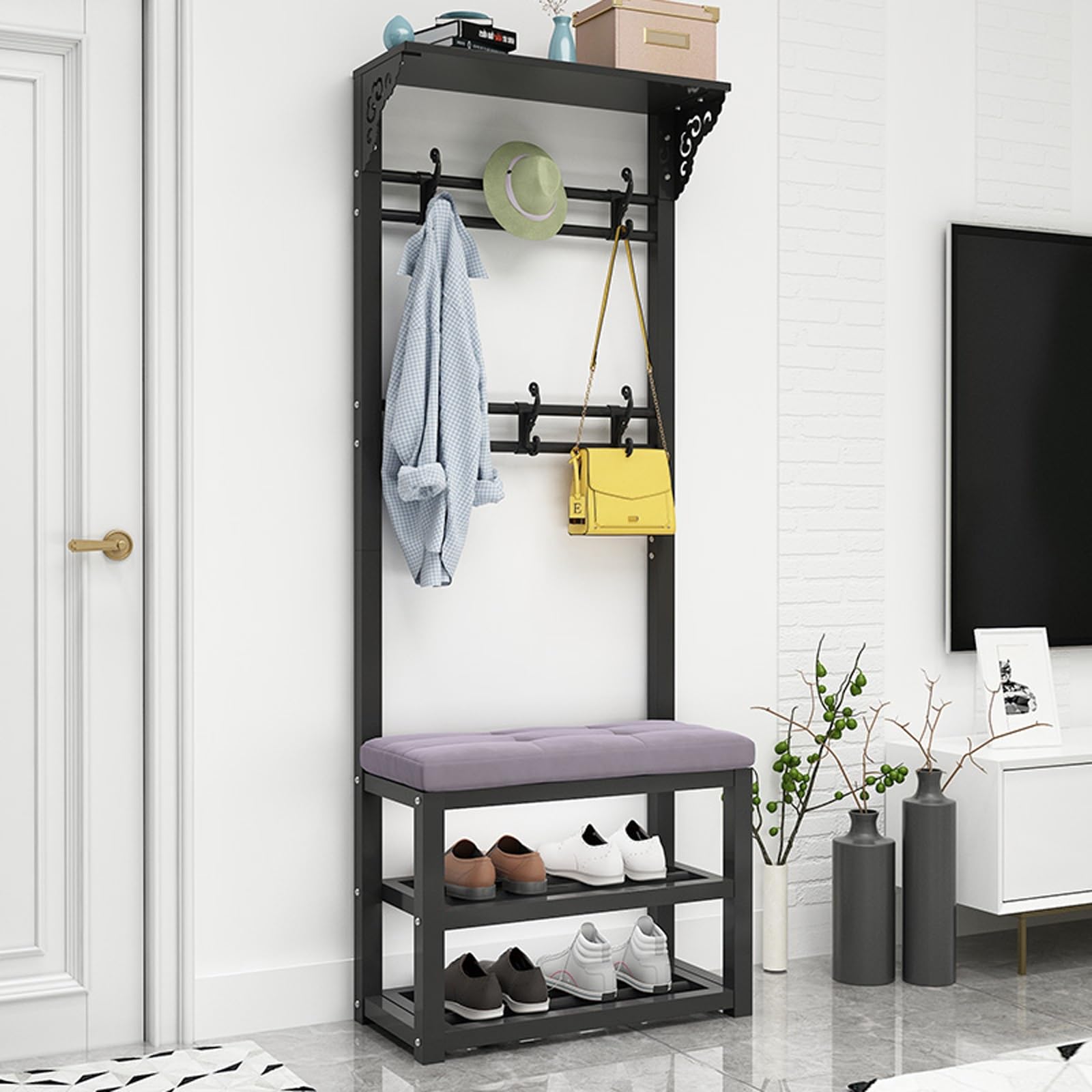 Meuble d'entrée gain de place avec porte-manteau et banc à chaussures