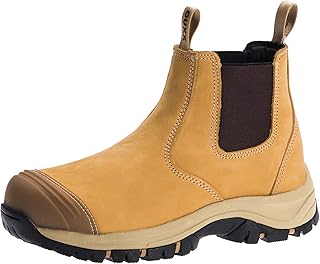 OUXX Work Boots for Men, Steel Toe Rubber Leather Slip-on Safety Shoes, Slip-Resistant, Waterproof, Puncture-Proof, Breathable, Comfortable(Brown, OX023, US 7.5)