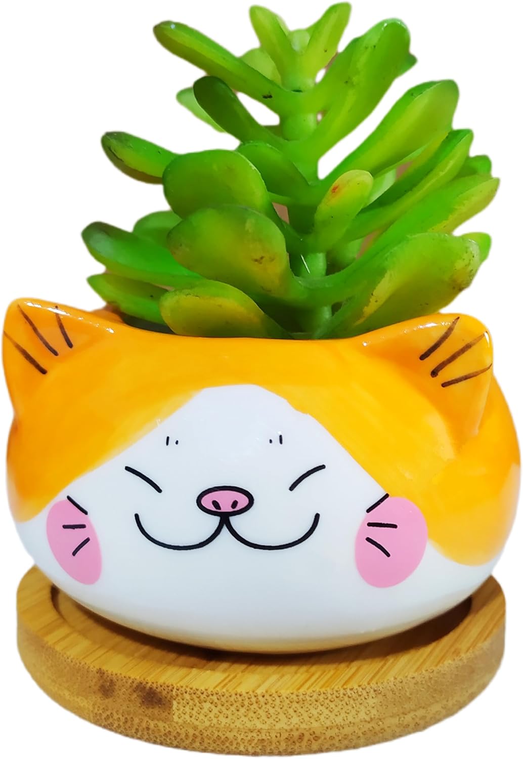 Cuteforyou Cute 3.5 Inches Indoor Cartoon Animal Cat Shaped Ceramic Succulent Cactus Flower Plant Pots with Bamboo Tray-Plant Not Included (6 Corlors)